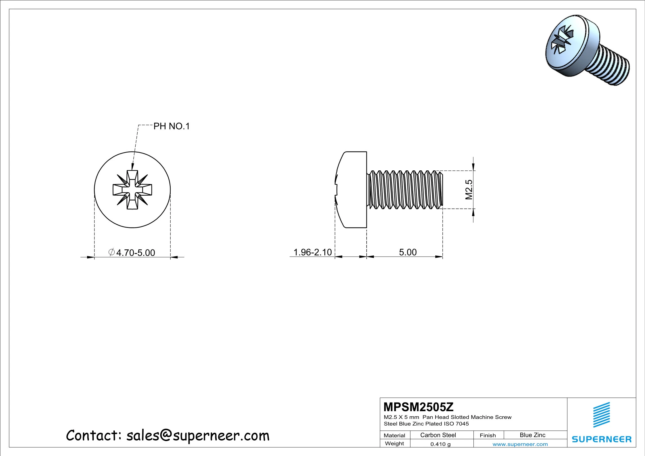 M2.5 x 5 mm Pan Head Pozi Machine Screw Steel Blue Zinc Plated ISO 7045