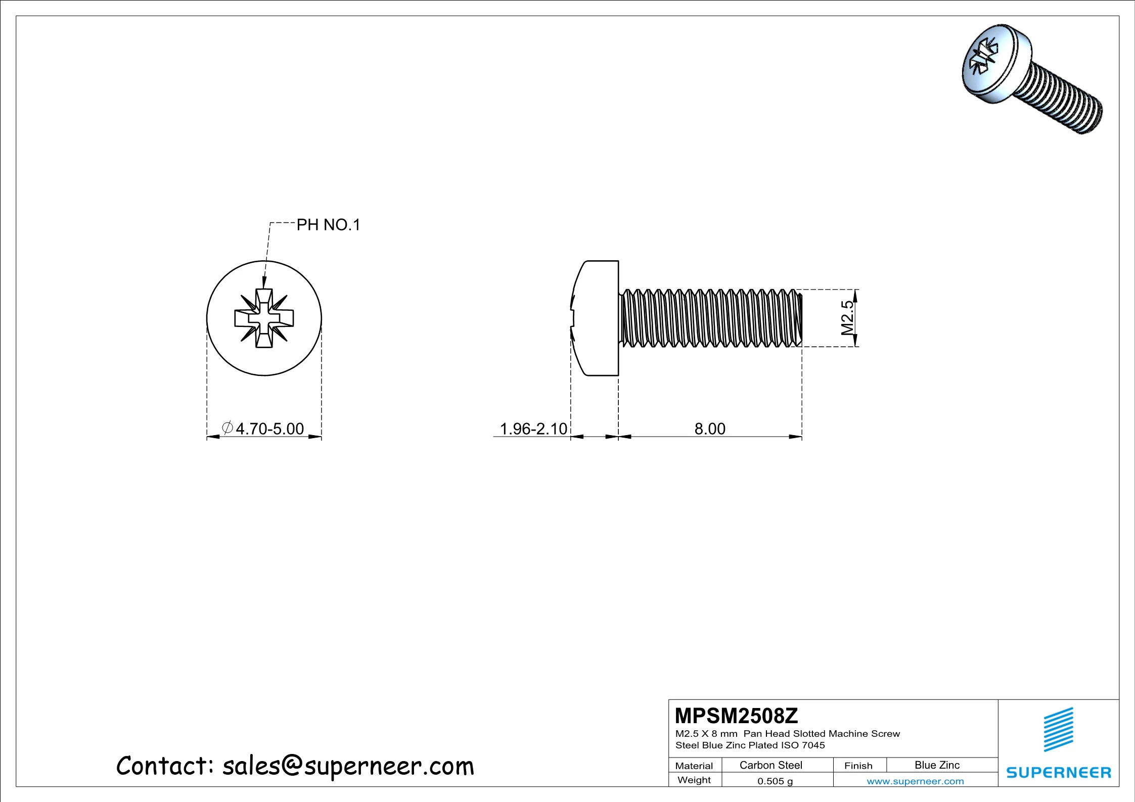 M2.5 x 8 mm Pan Head Pozi Machine Screw Steel Blue Zinc Plated  ISO 7045