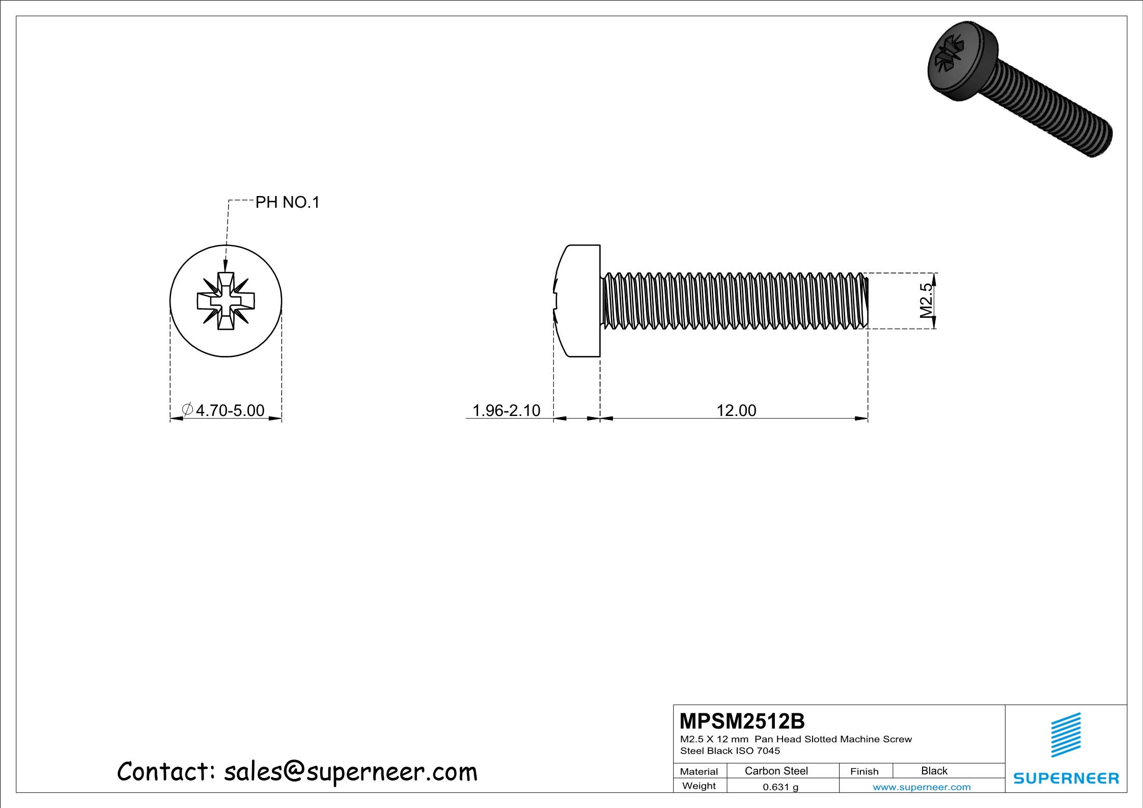 M2.5 x 12 mm Pan Head Pozi Machine Screw Steel Black  ISO 7045