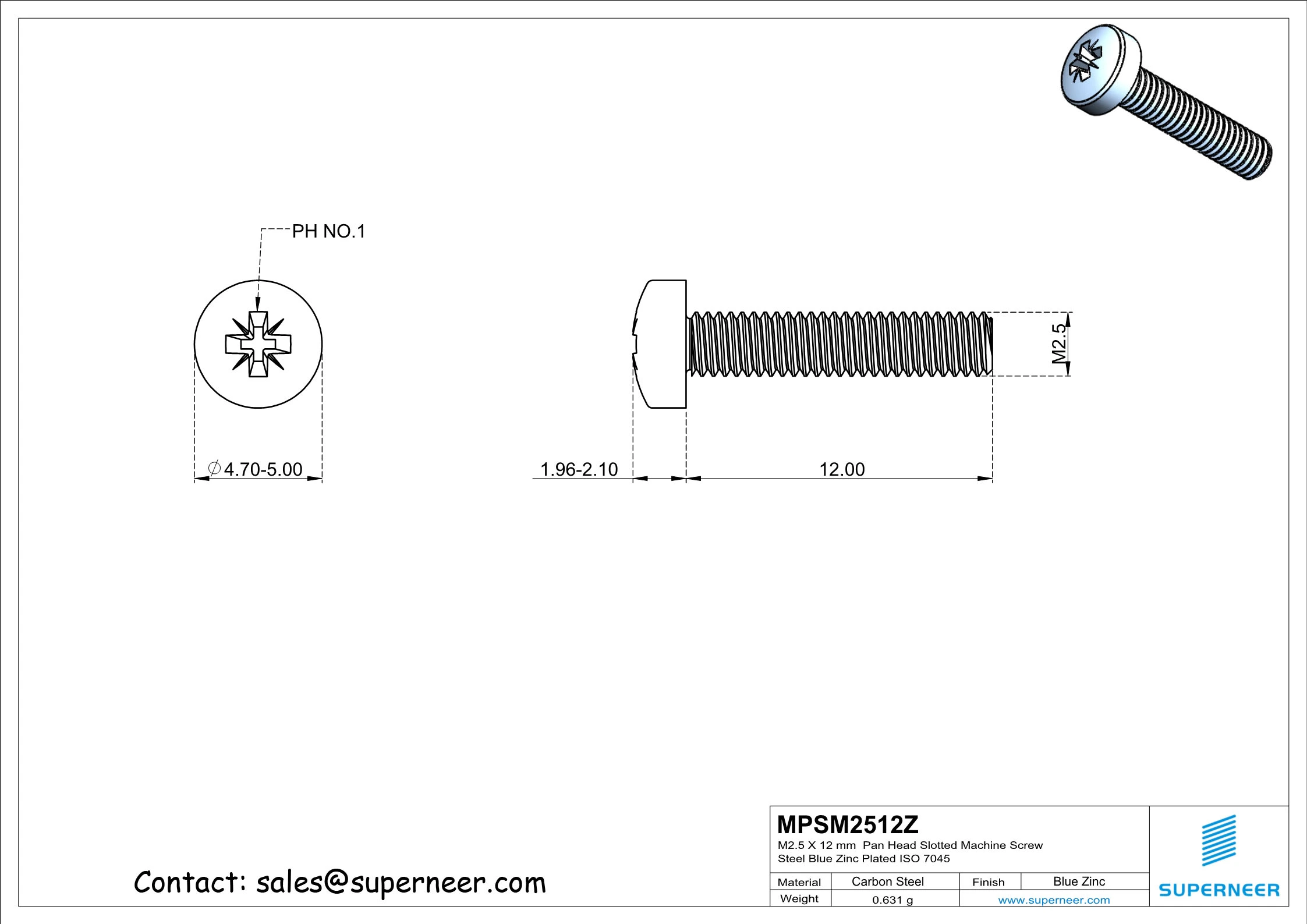 M2.5 x 12 mm Pan Head Pozi Machine Screw Steel Blue Zinc Plated  ISO 7045