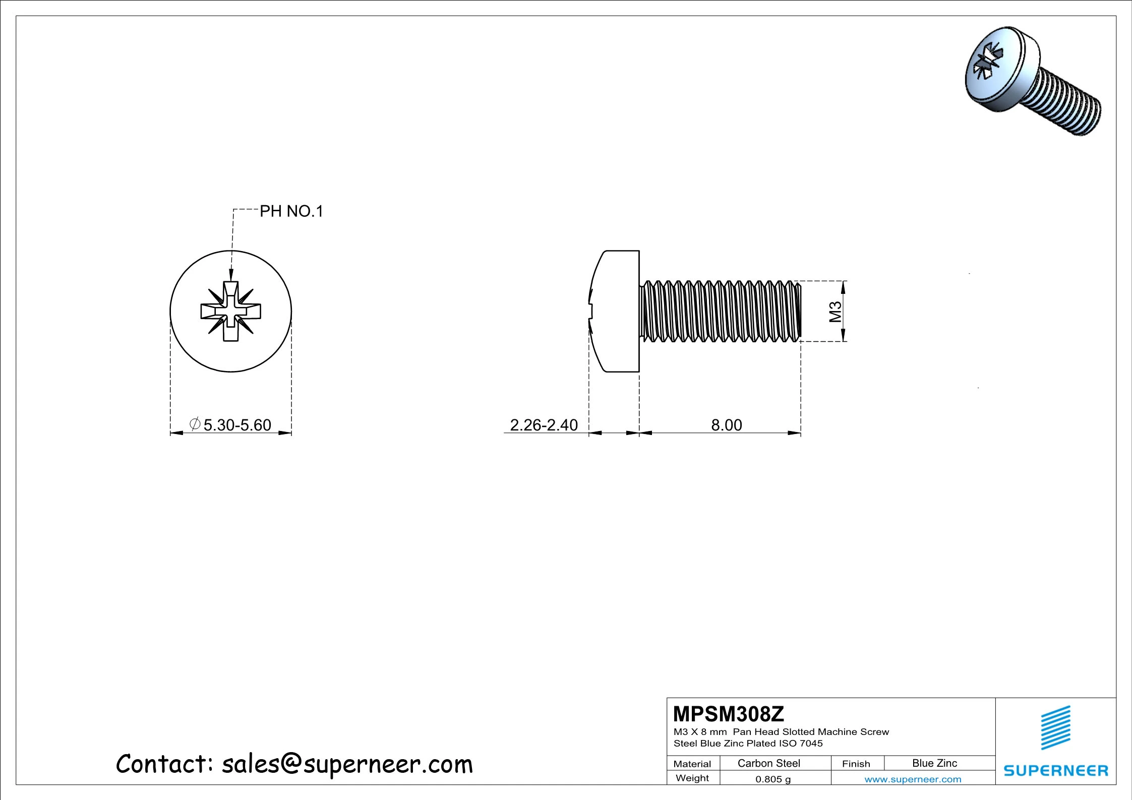 M3 x 8 mm Pan Head Pozi Machine Screw Steel Blue Zinc Plated ISO 7045