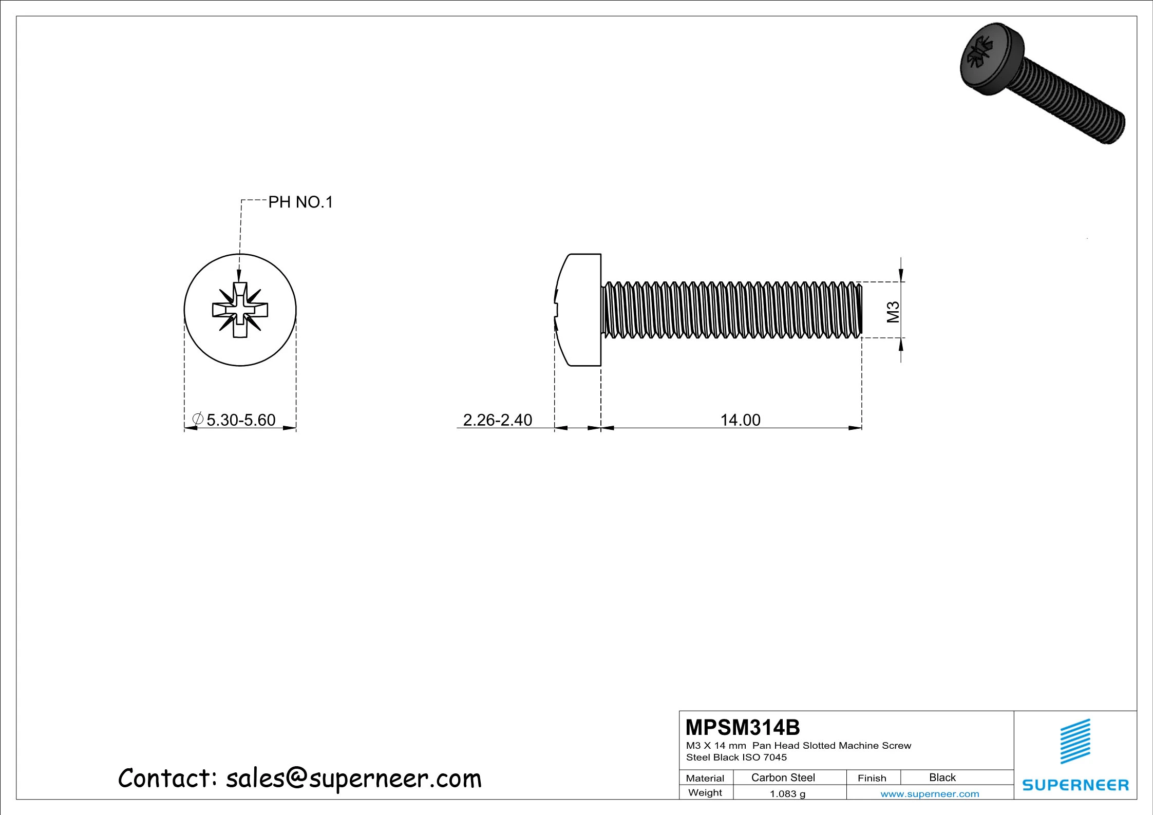 M3 x 14 mm Pan Head Pozi Machine Screw Steel Black ISO 7045