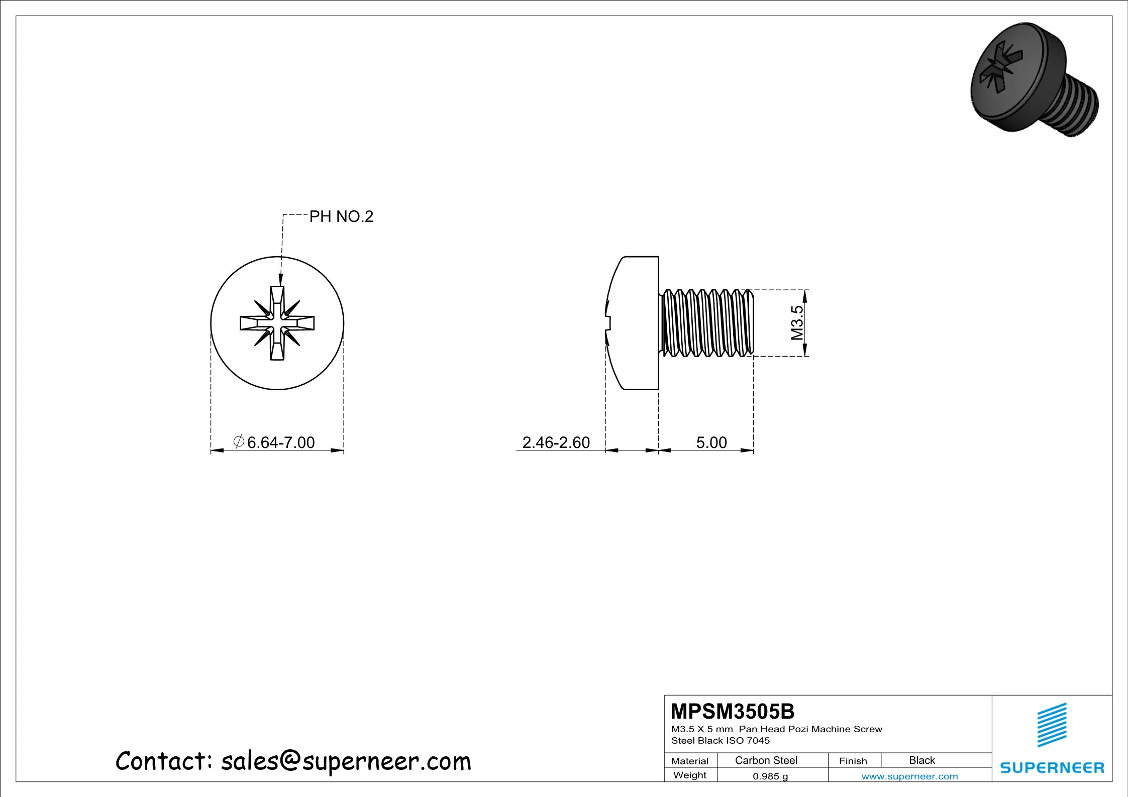 M3.5 x 5 mm Pan Head Pozi Machine Screw Steel Black ISO 7045
