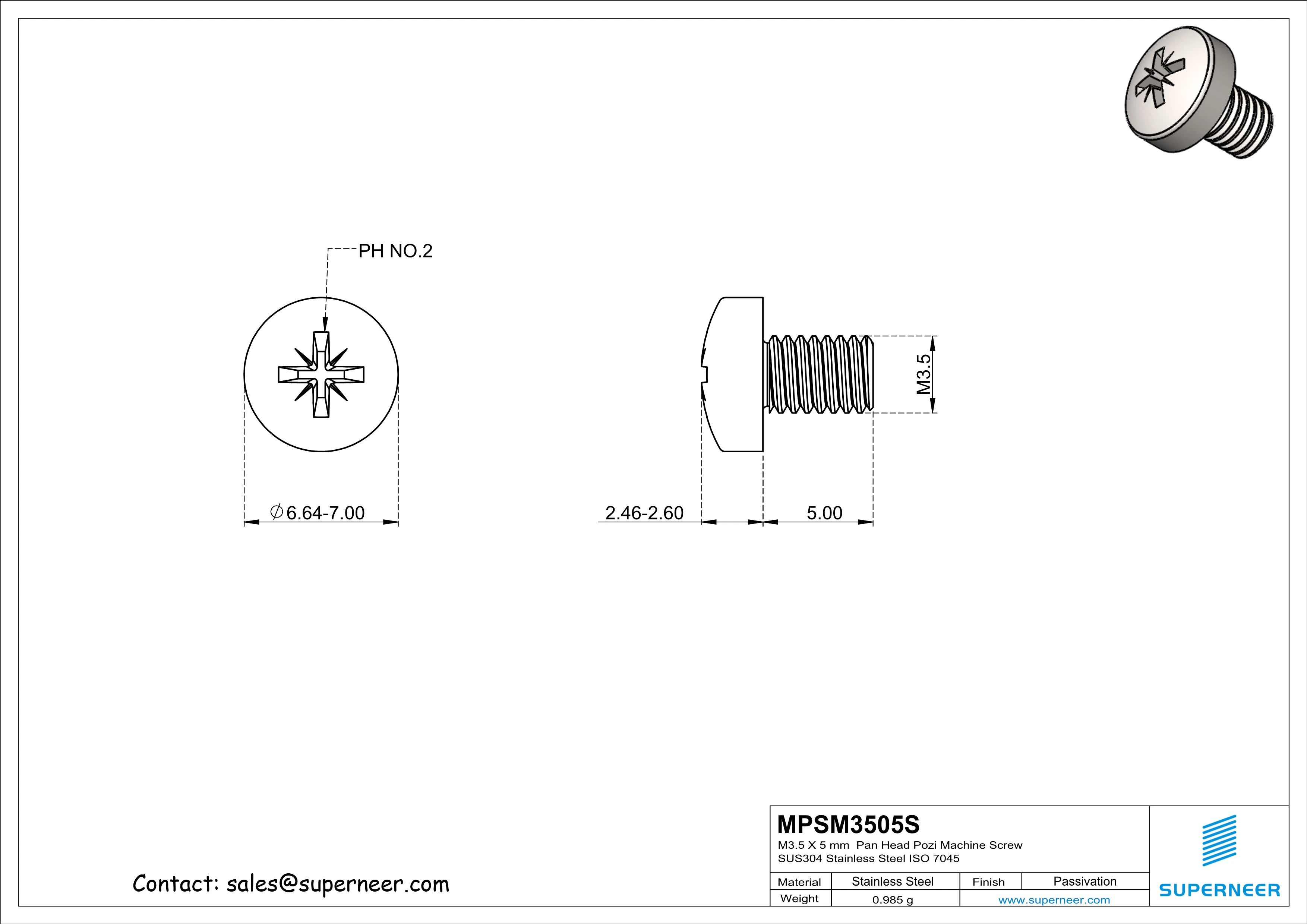 M3.5 x 5 mm  Pan Head Pozi Machine Screw SUS304 Stainless Steel Inox  ISO 7045