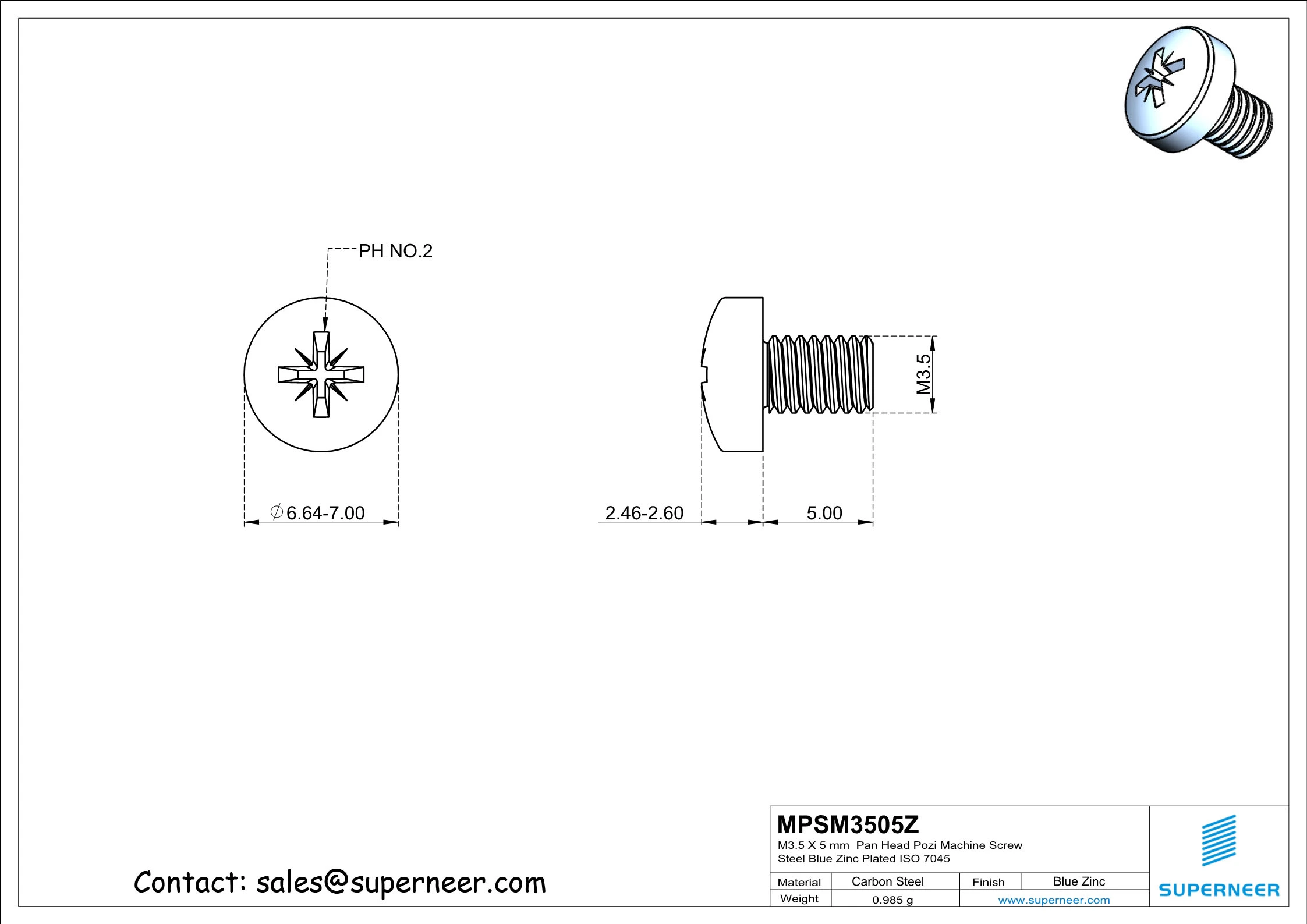 M3.5 x 5 mm Pan Head Pozi Machine Screw Steel Blue Zinc Plated ISO 7045