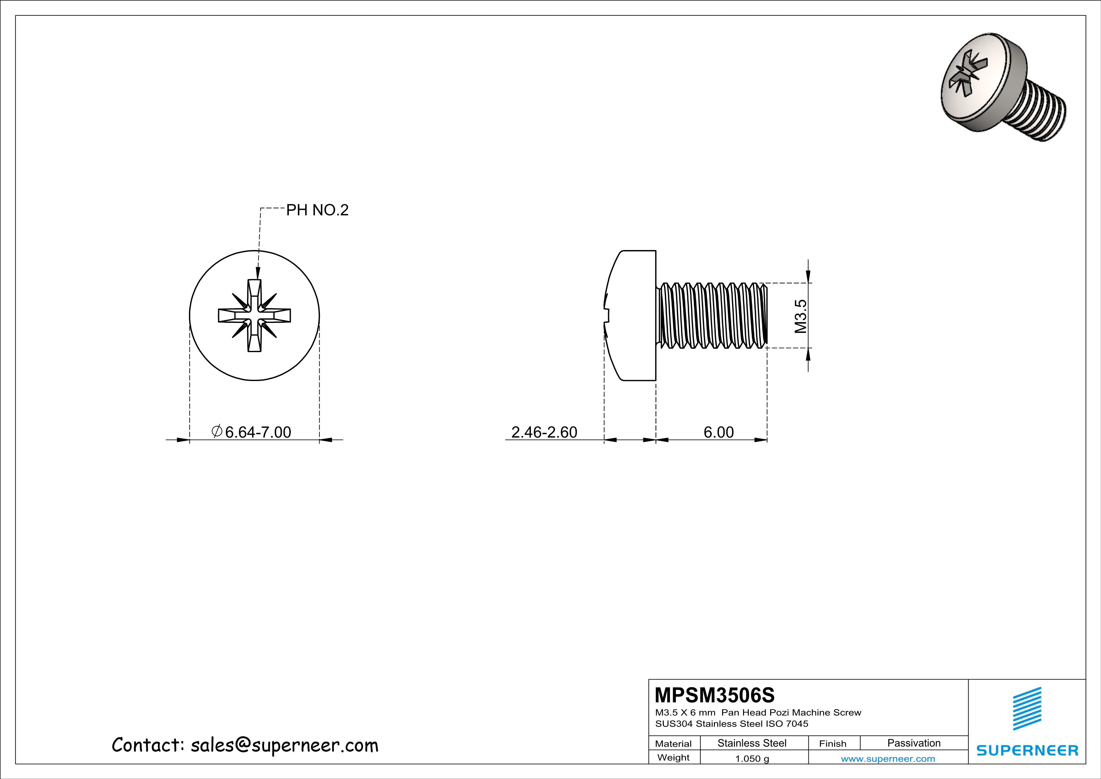 M3.5 x 6 mm  Pan Head Pozi Machine Screw SUS304 Stainless Steel Inox  ISO 7045