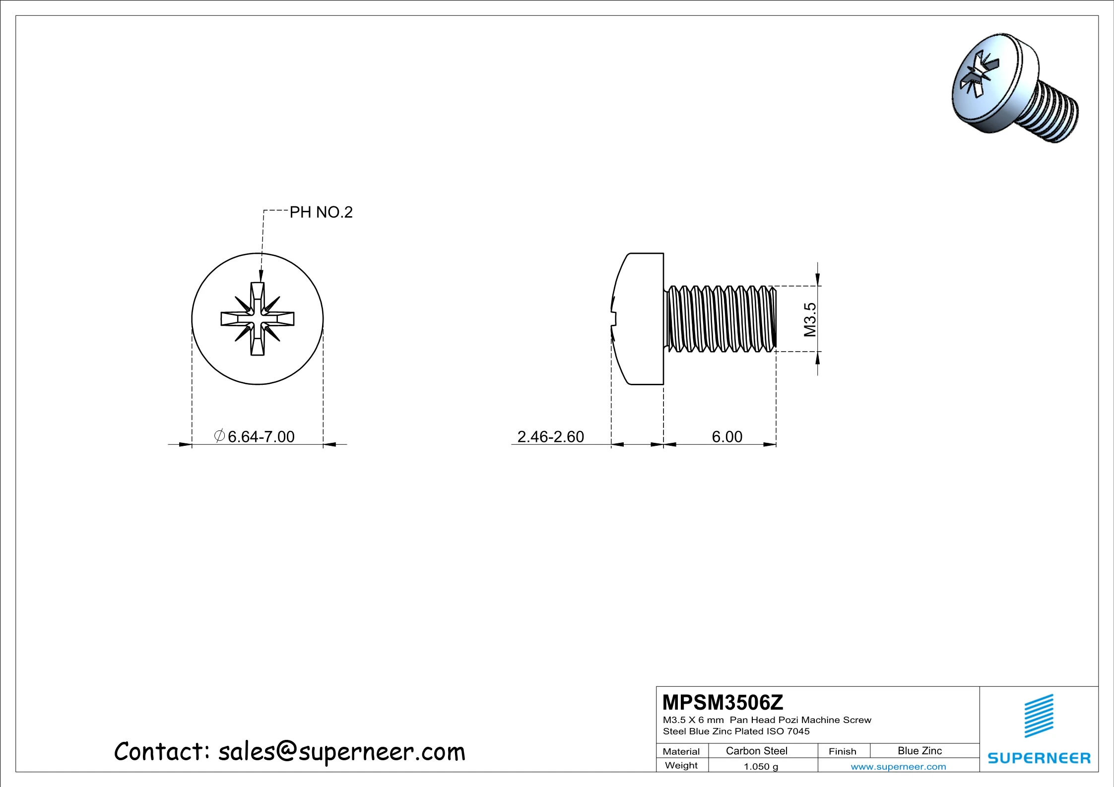 M3.5 x 6 mm Pan Head Pozi Machine Screw Steel Blue Zinc Plated ISO 7045