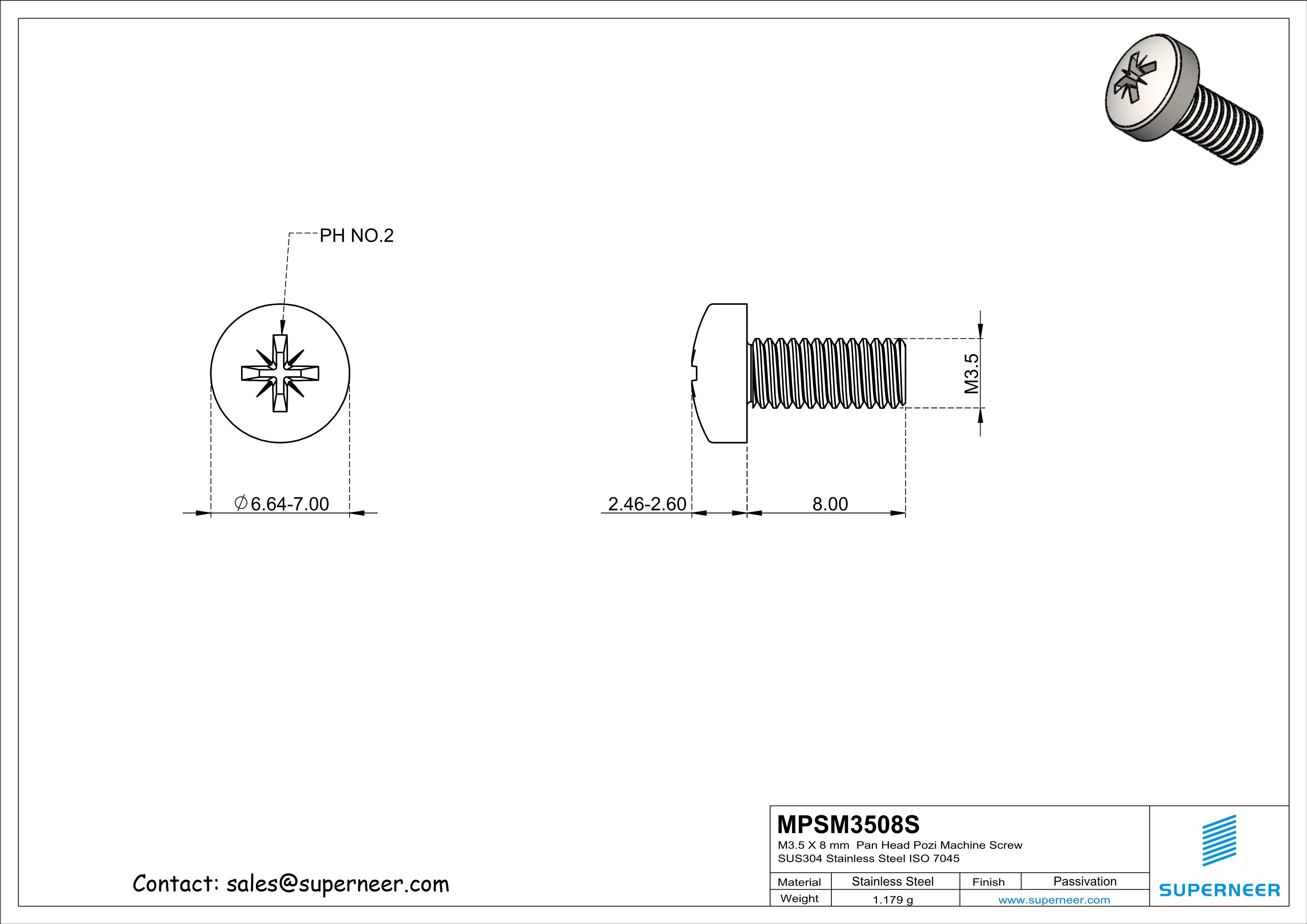 M3.5 x 8 mm  Pan Head Pozi Machine Screw SUS304 Stainless Steel Inox  ISO 7045