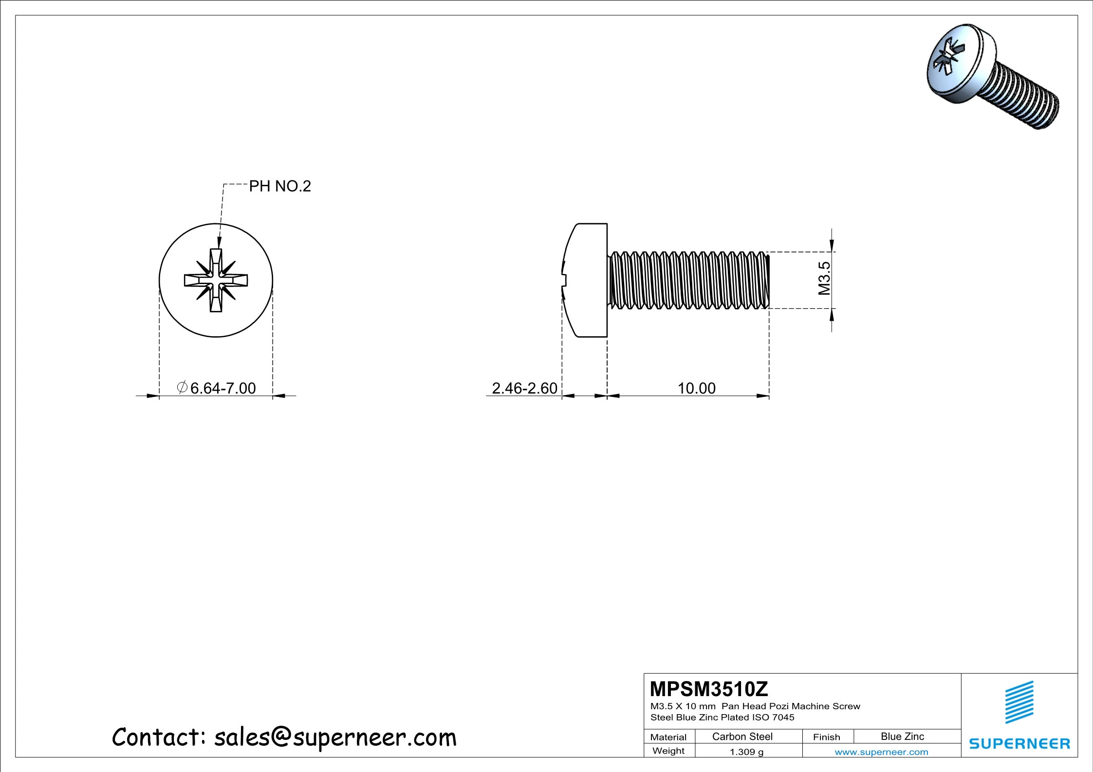 M3.5 x 10 mm Pan Head Pozi Machine Screw Steel Blue Zinc Plated ISO 7045