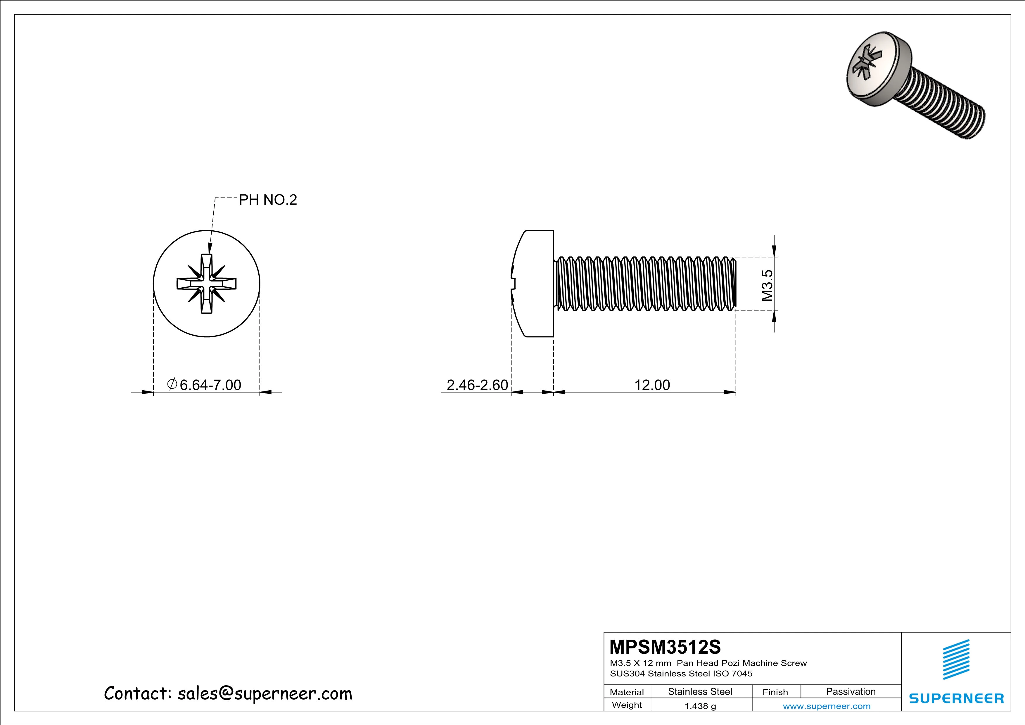 M3.5 x 12 mm  Pan Head Pozi Machine Screw SUS304 Stainless Steel Inox  ISO 7045