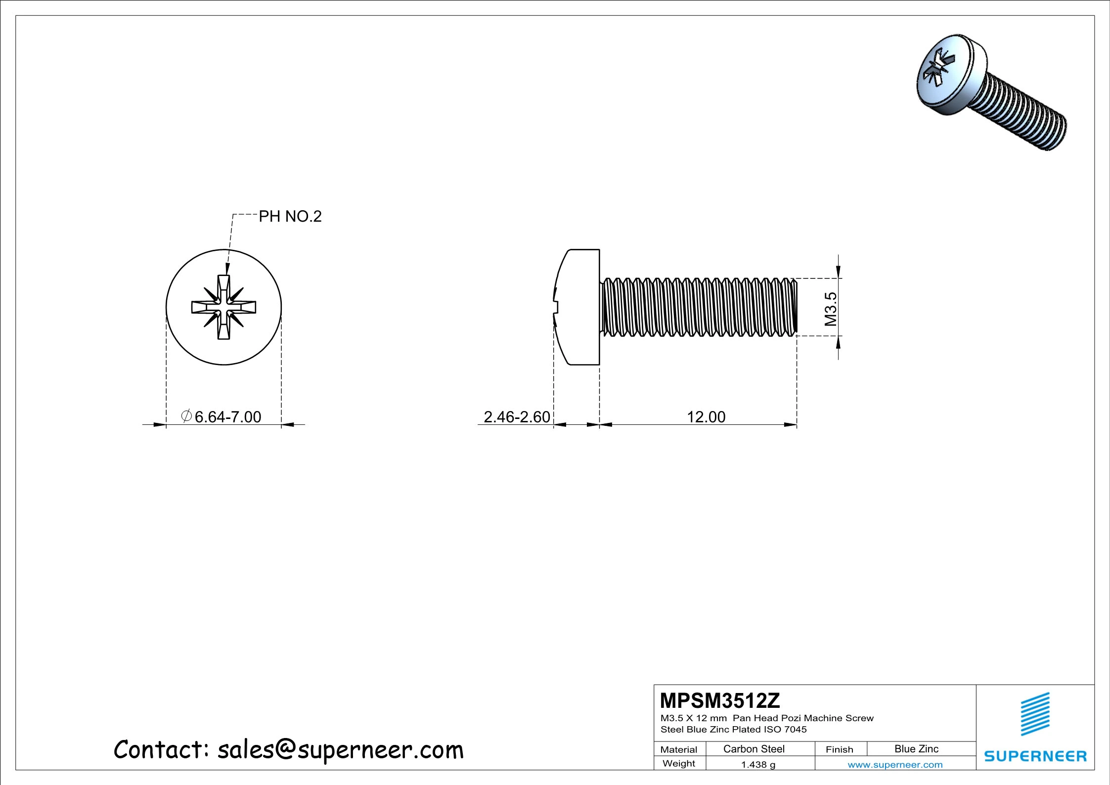 M3.5 x 12 mm Pan Head Pozi Machine Screw Steel Blue Zinc Plated ISO 7045