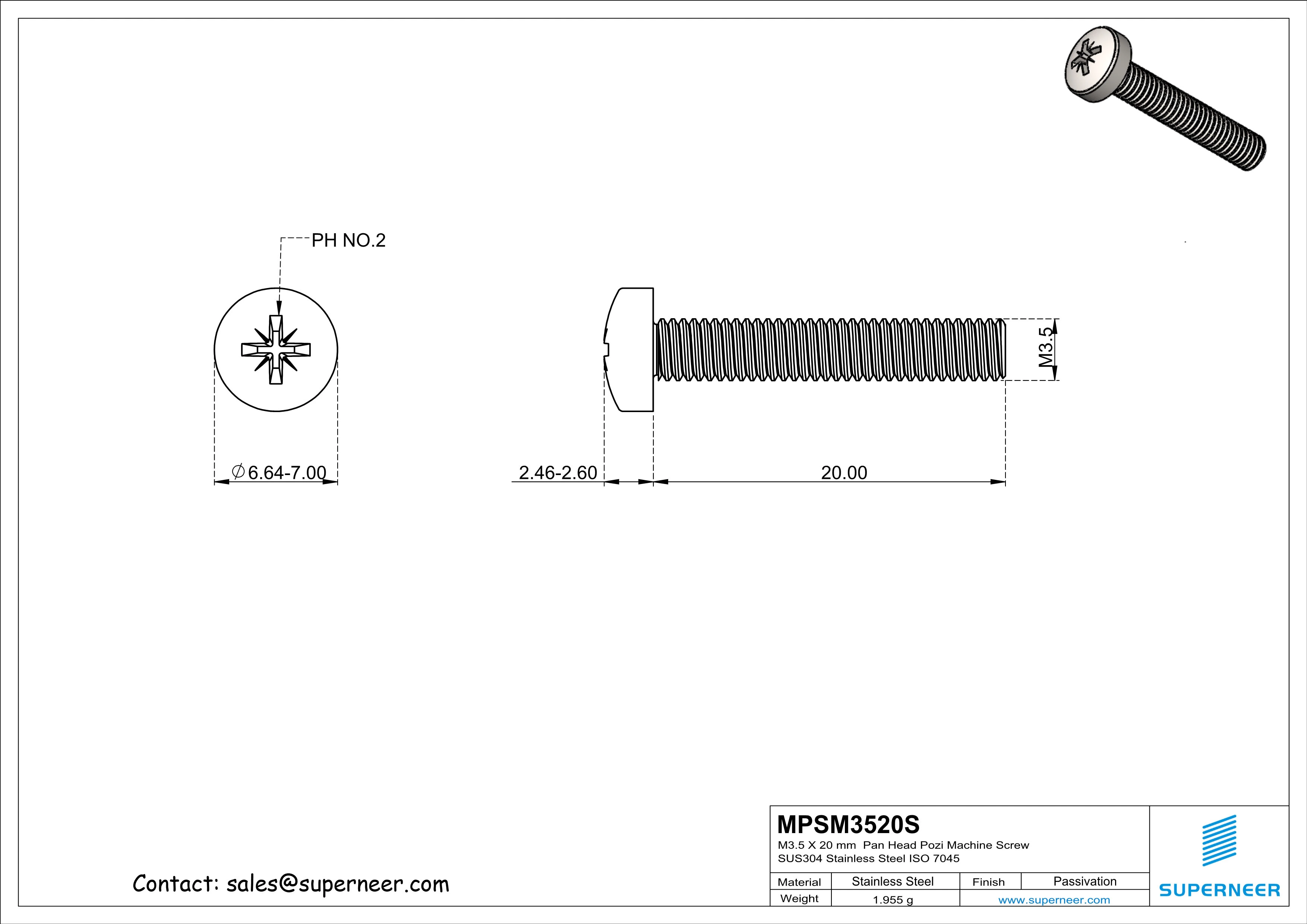 M3.5 x 20 mm  Pan Head Pozi Machine Screw SUS304 Stainless Steel Inox  ISO 7045