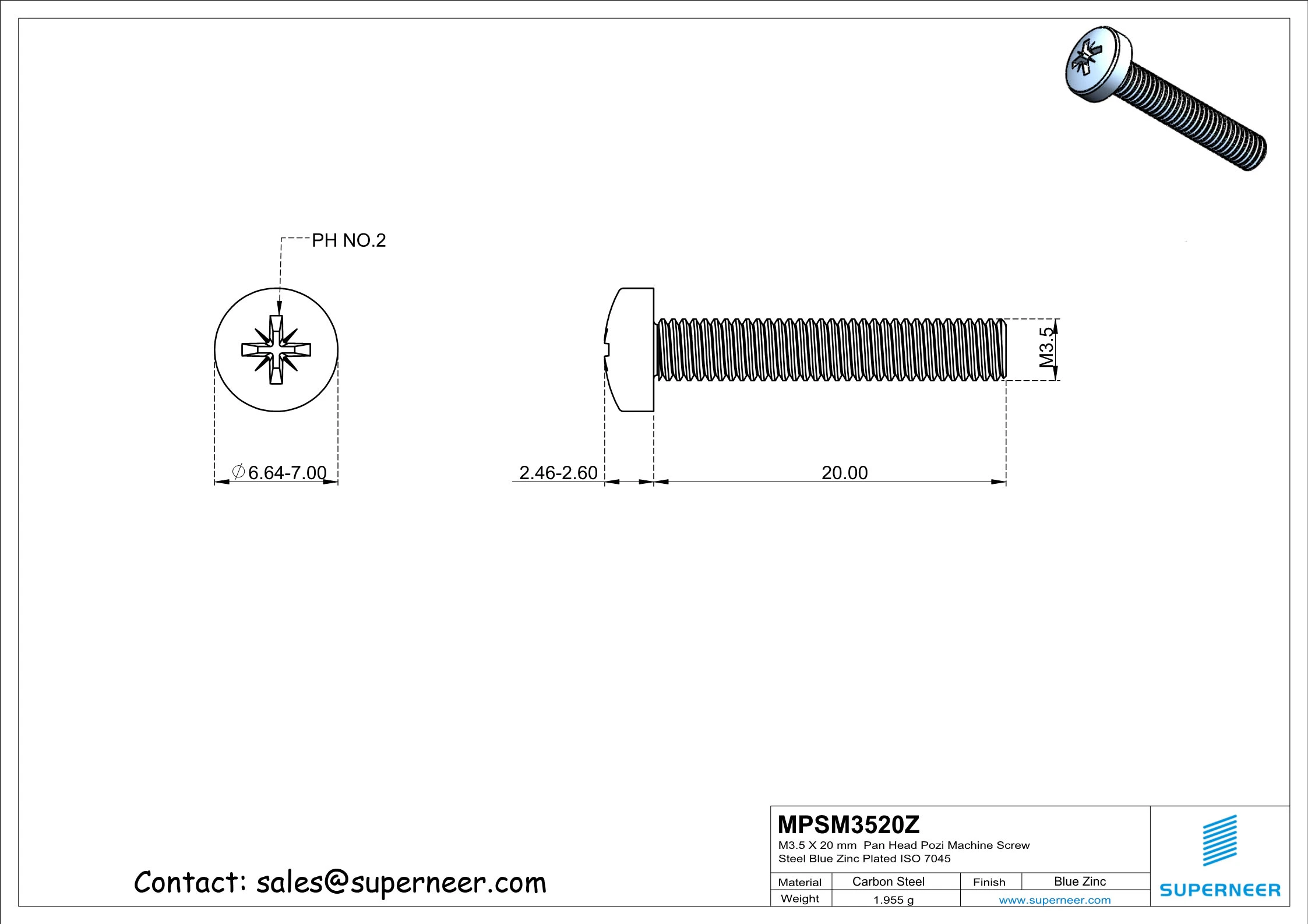 M3.5 x 20 mm Pan Head Pozi Machine Screw Steel Blue Zinc Plated ISO 7045