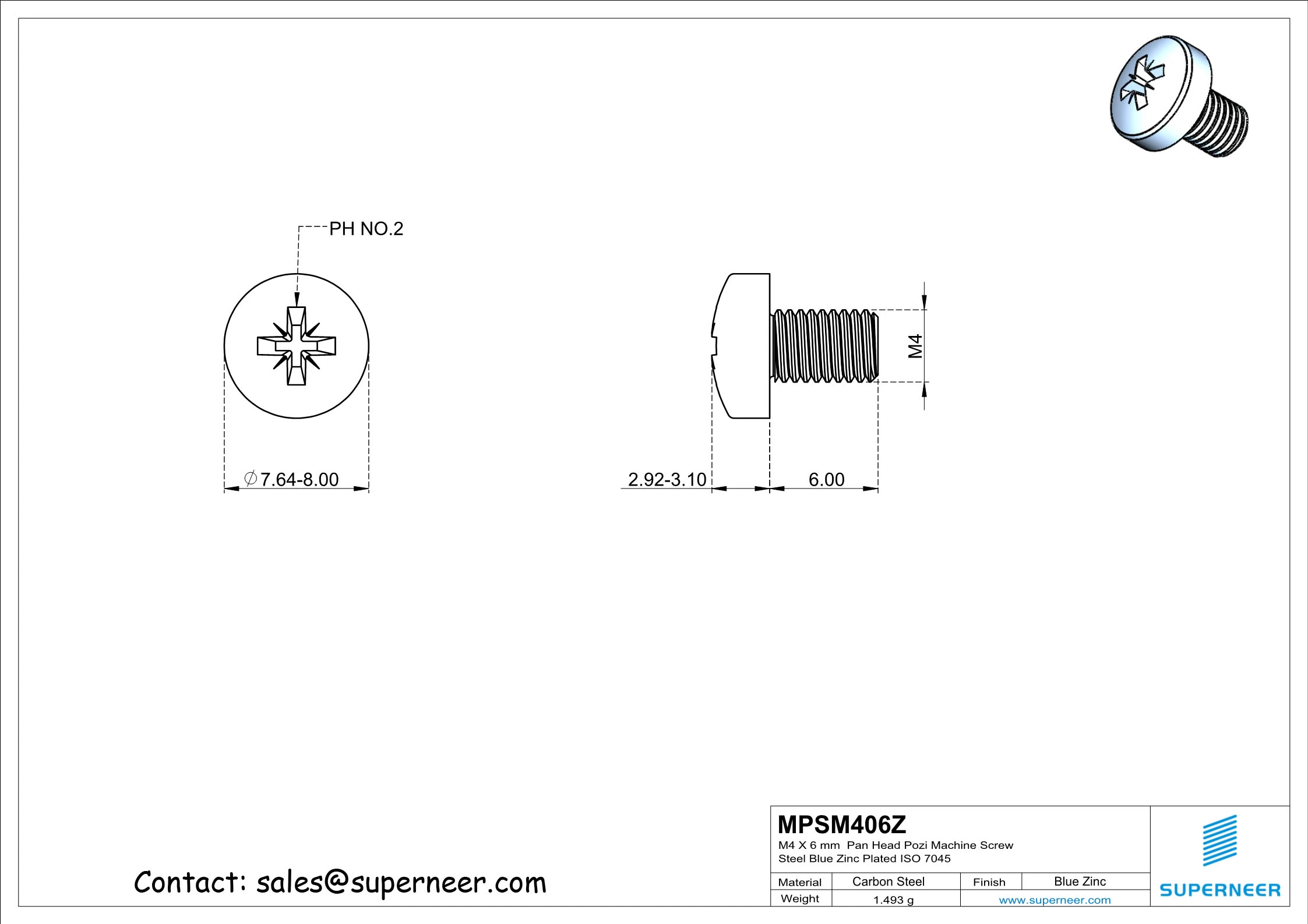M4 x 6 mm Pan Head Pozi Machine Screw Steel Blue Zinc Plated ISO 7045