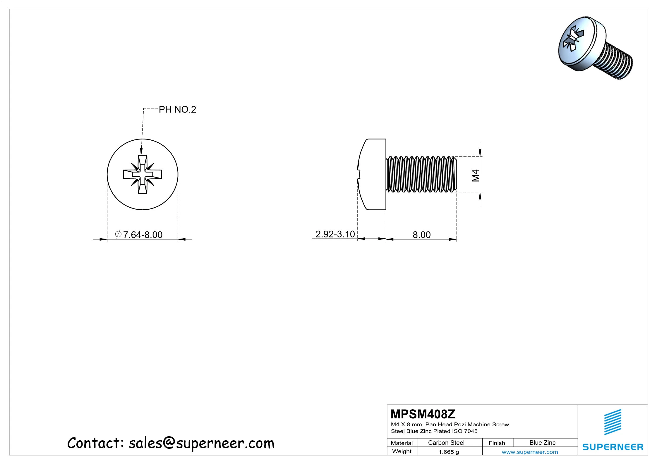 M4 x 8 mm Pan Head Pozi Machine Screw Steel Blue Zinc Plated ISO 7045