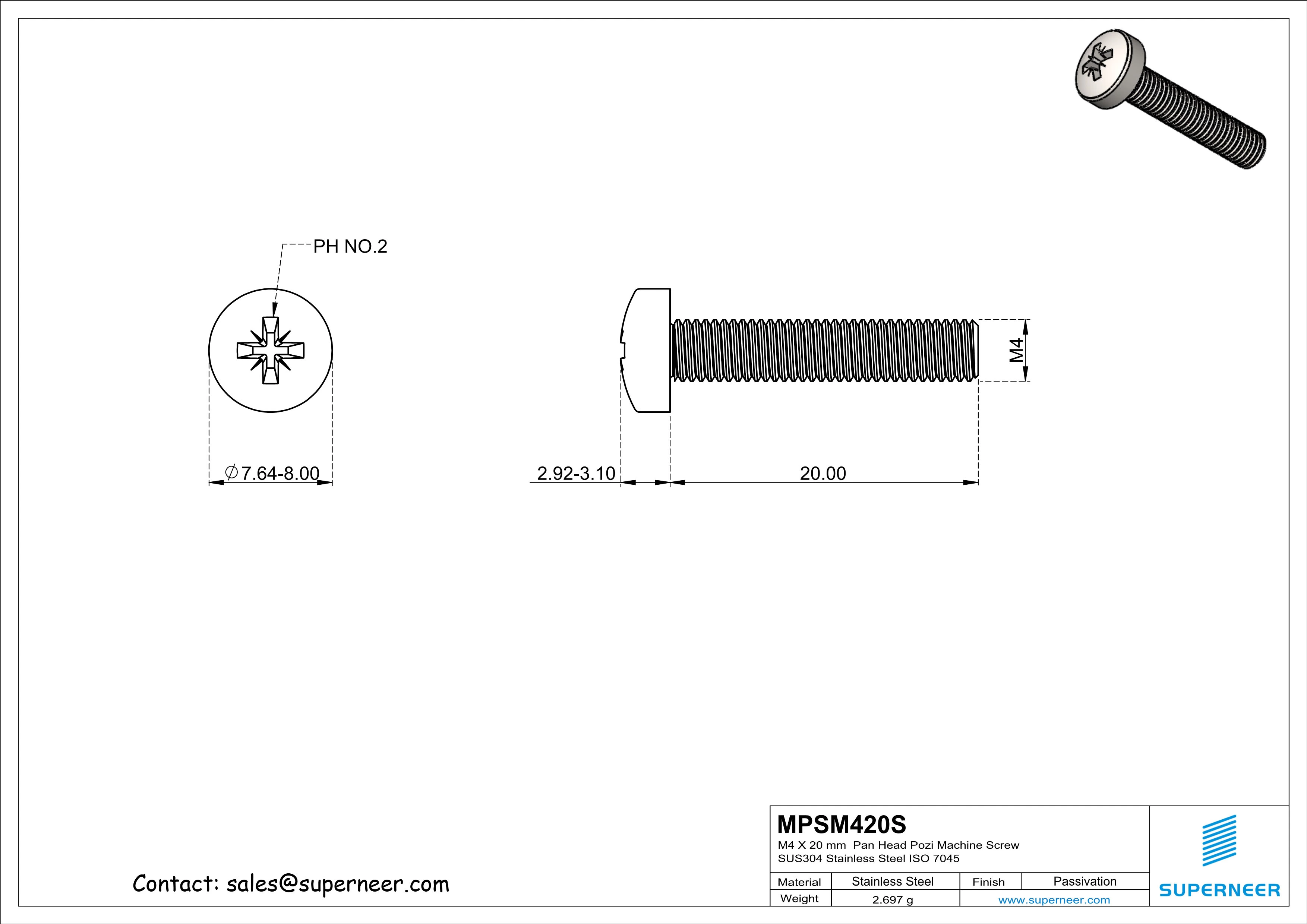 M4 x 20 mm  Pan Head Pozi Machine Screw SUS304 Stainless Steel Inox  ISO 7045