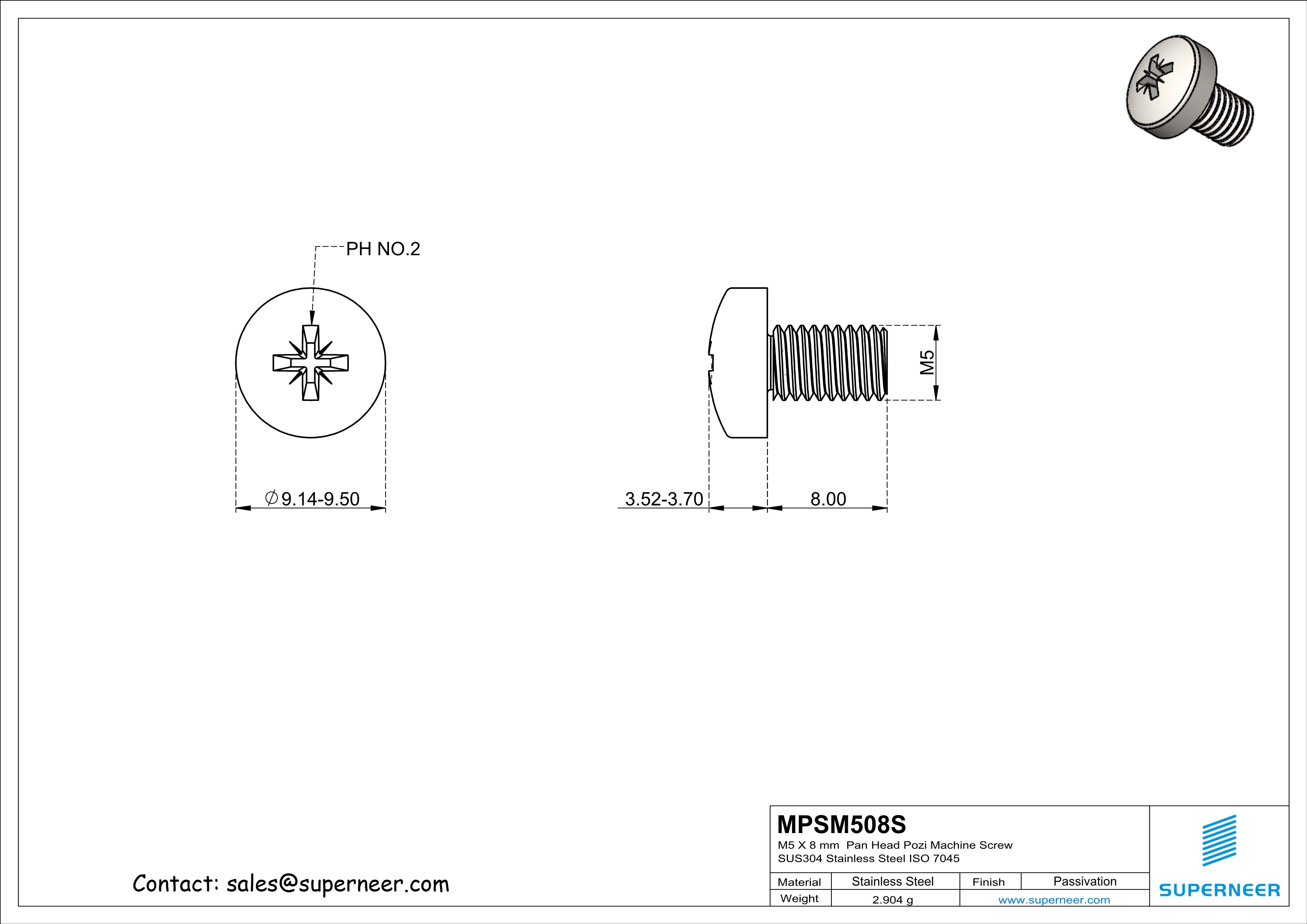 M5 x 8 mm  Pan Head Pozi Machine Screw SUS304 Stainless Steel Inox  ISO 7045