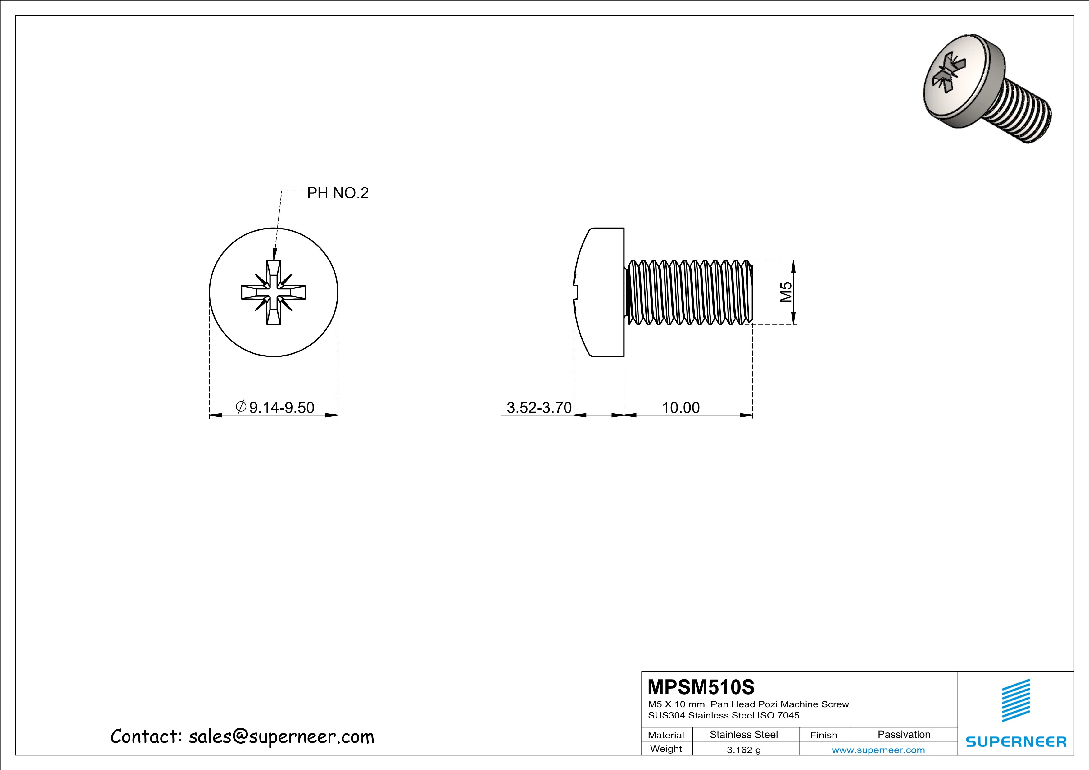 M5 x 10 mm  Pan Head Pozi Machine Screw SUS304 Stainless Steel Inox  ISO 7045