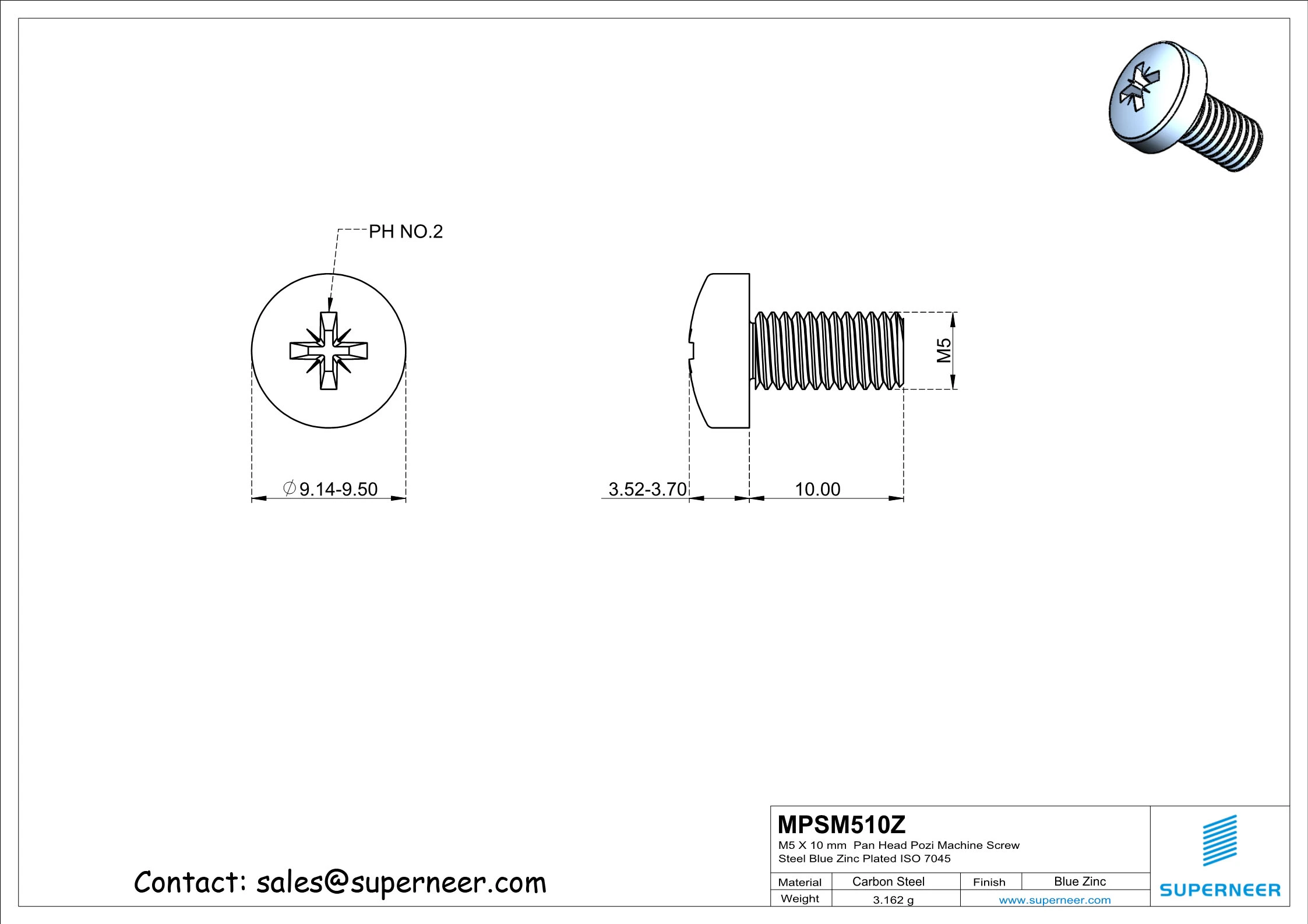 M5 x 10 mm Pan Head Pozi Machine Screw Steel Blue Zinc Plated ISO 7045