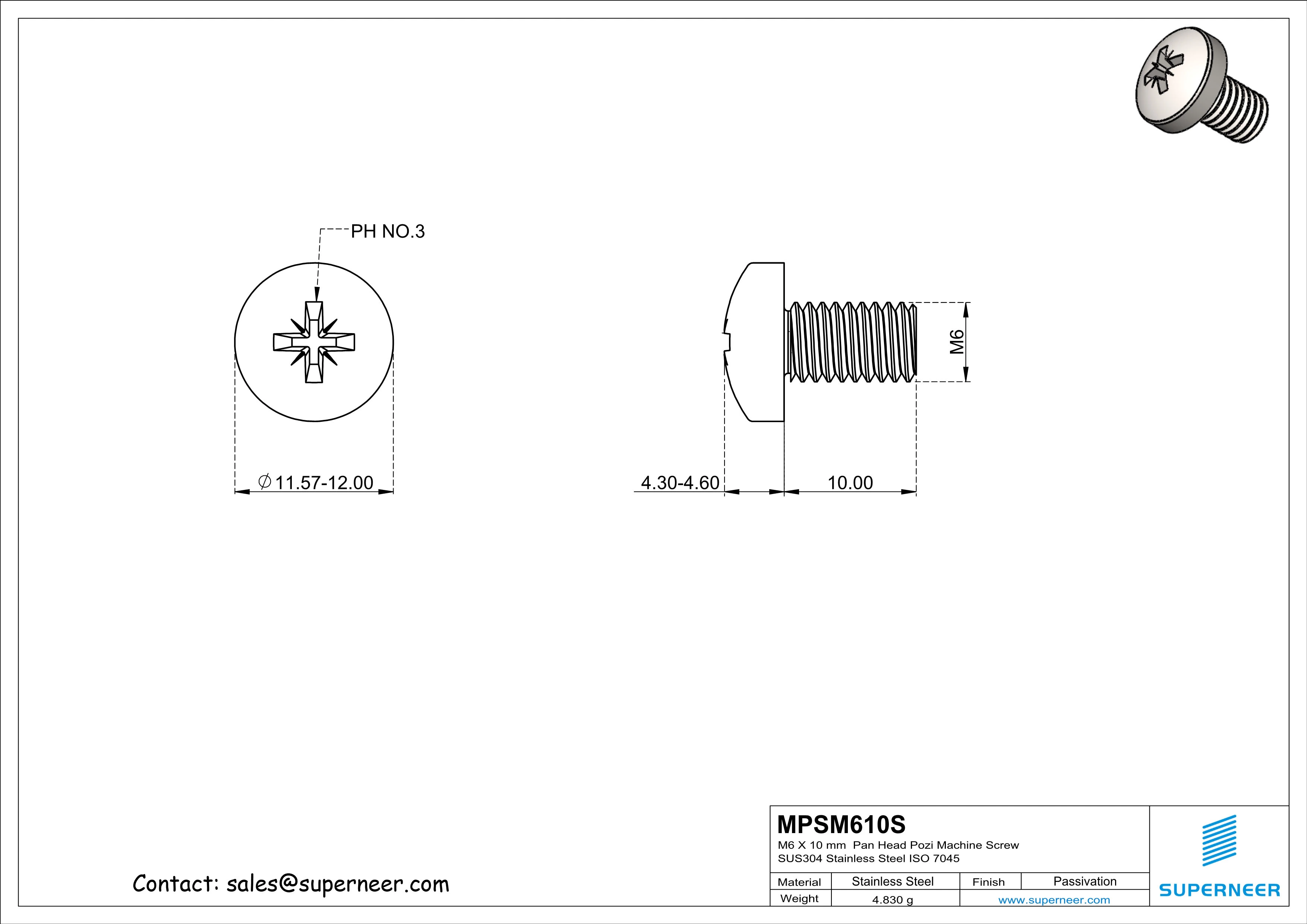 M6 x 10 mm  Pan Head Pozi Machine Screw SUS304 Stainless Steel Inox  ISO 7045
