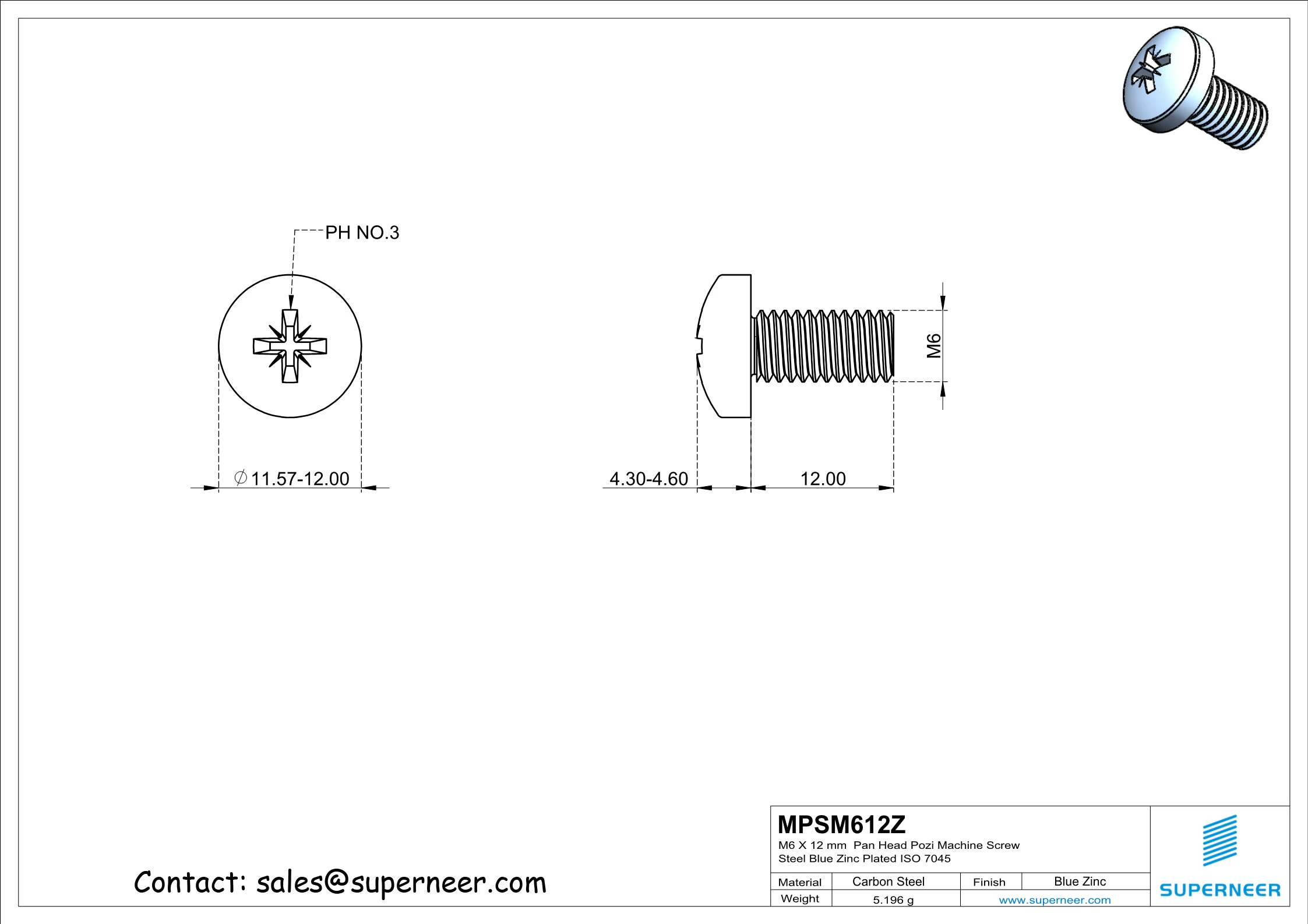 M6 x 12 mm Pan Head Pozi Machine Screw Steel Blue Zinc Plated ISO 7045
