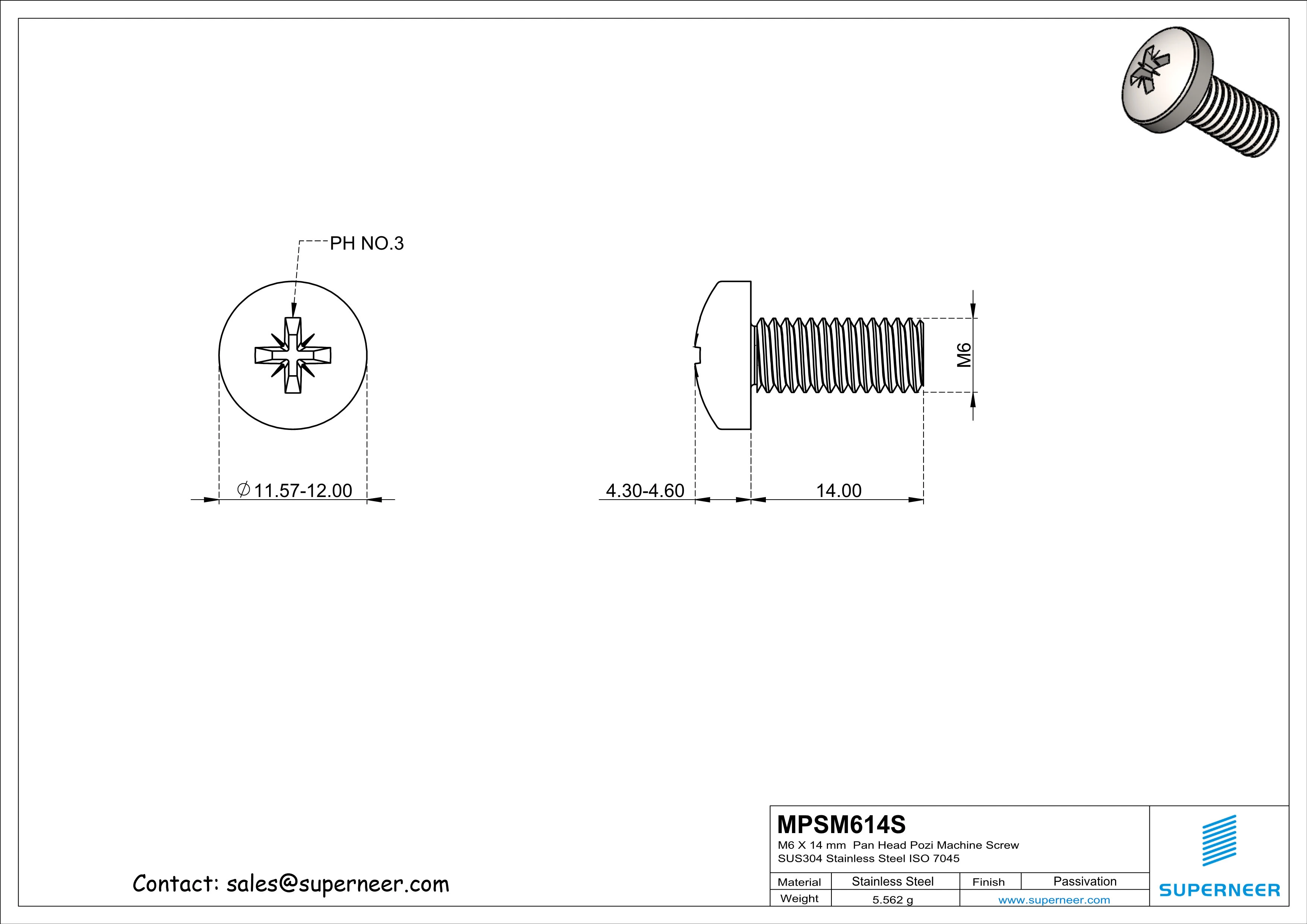 M6 x 14 mm  Pan Head Pozi Machine Screw SUS304 Stainless Steel Inox  ISO 7045