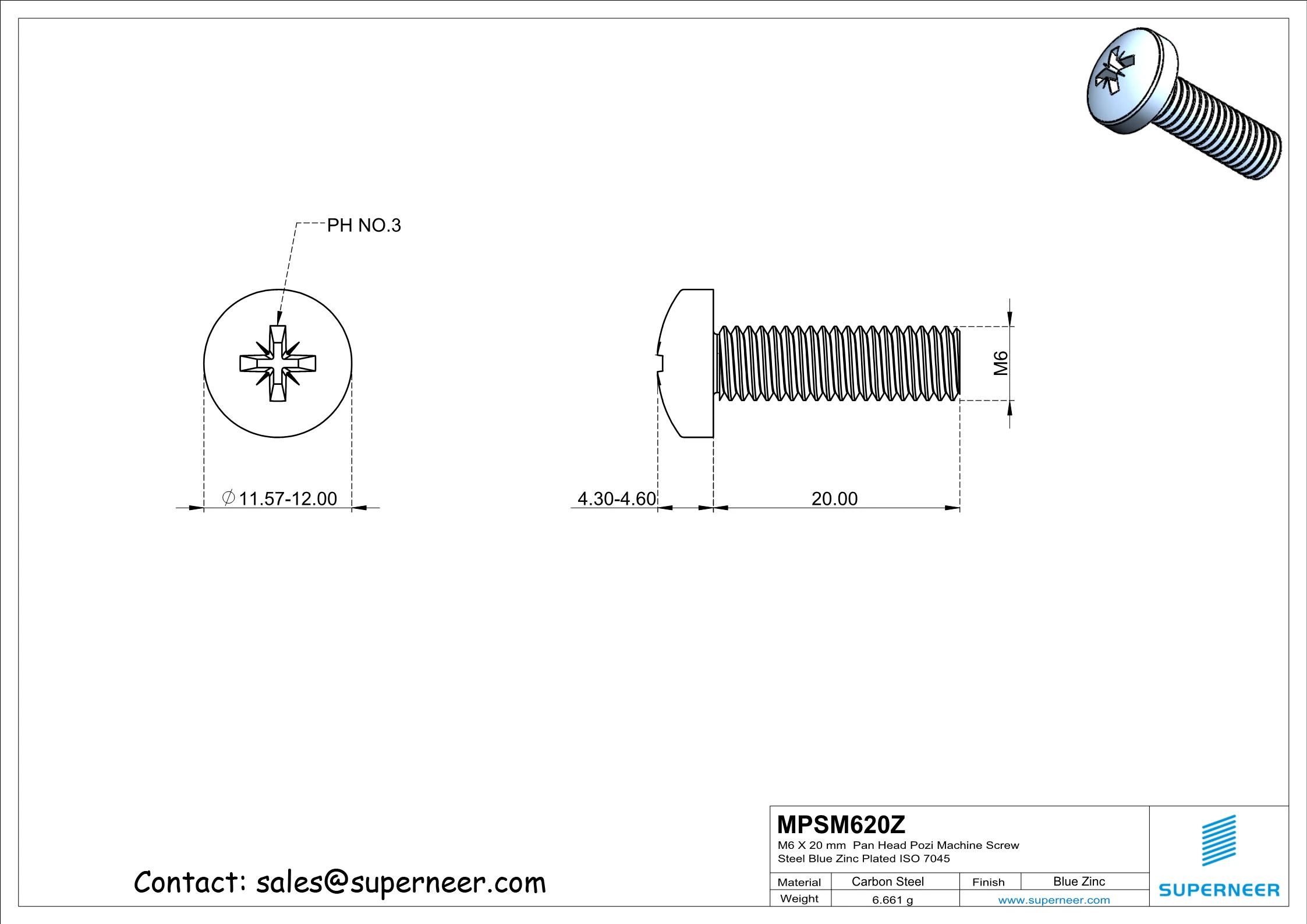 M6 x 20 mm Pan Head Pozi Machine Screw Steel Blue Zinc Plated ISO 7045