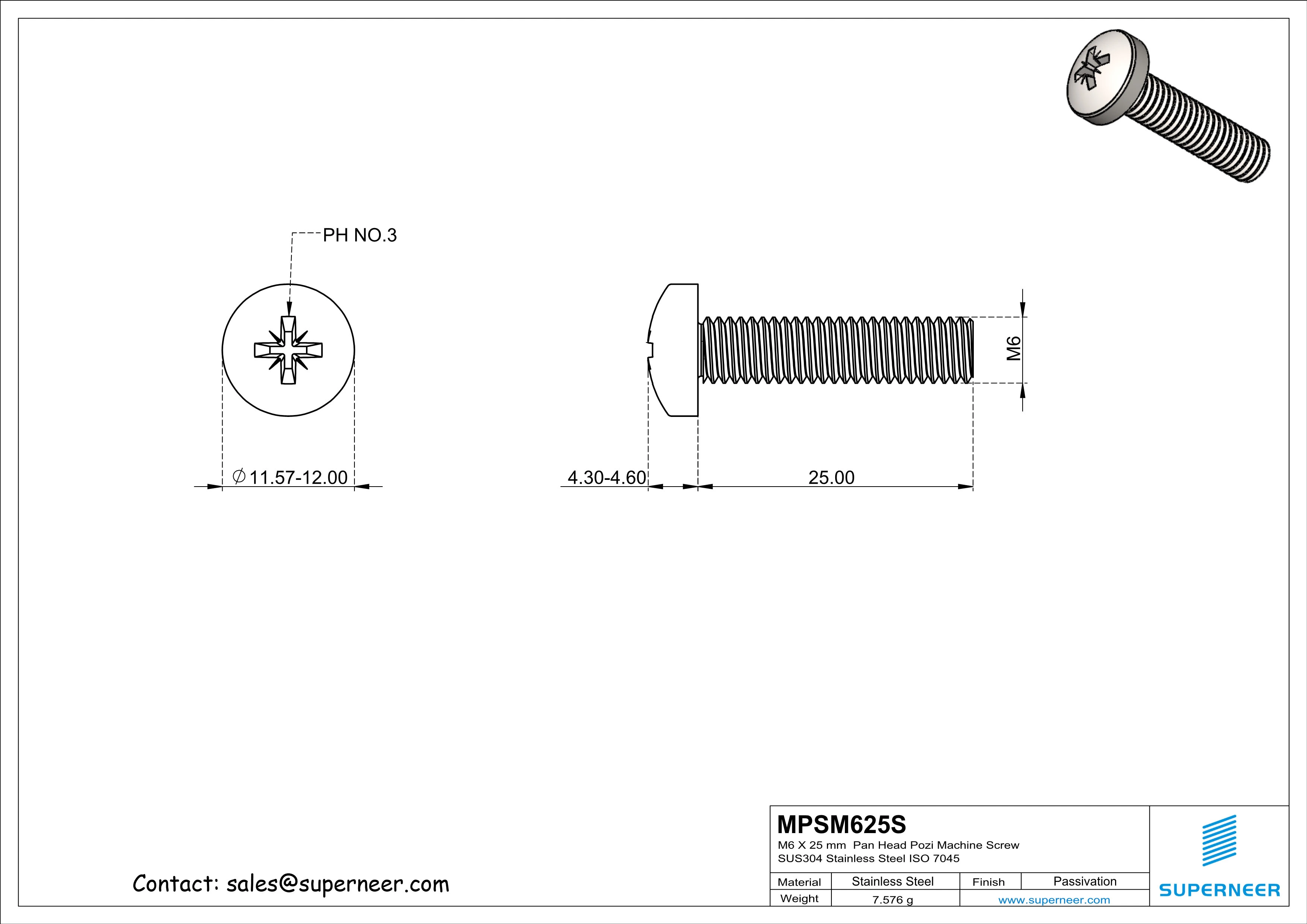 M6 x 25 mm  Pan Head Pozi Machine Screw SUS304 Stainless Steel Inox Inox  ISO 7045