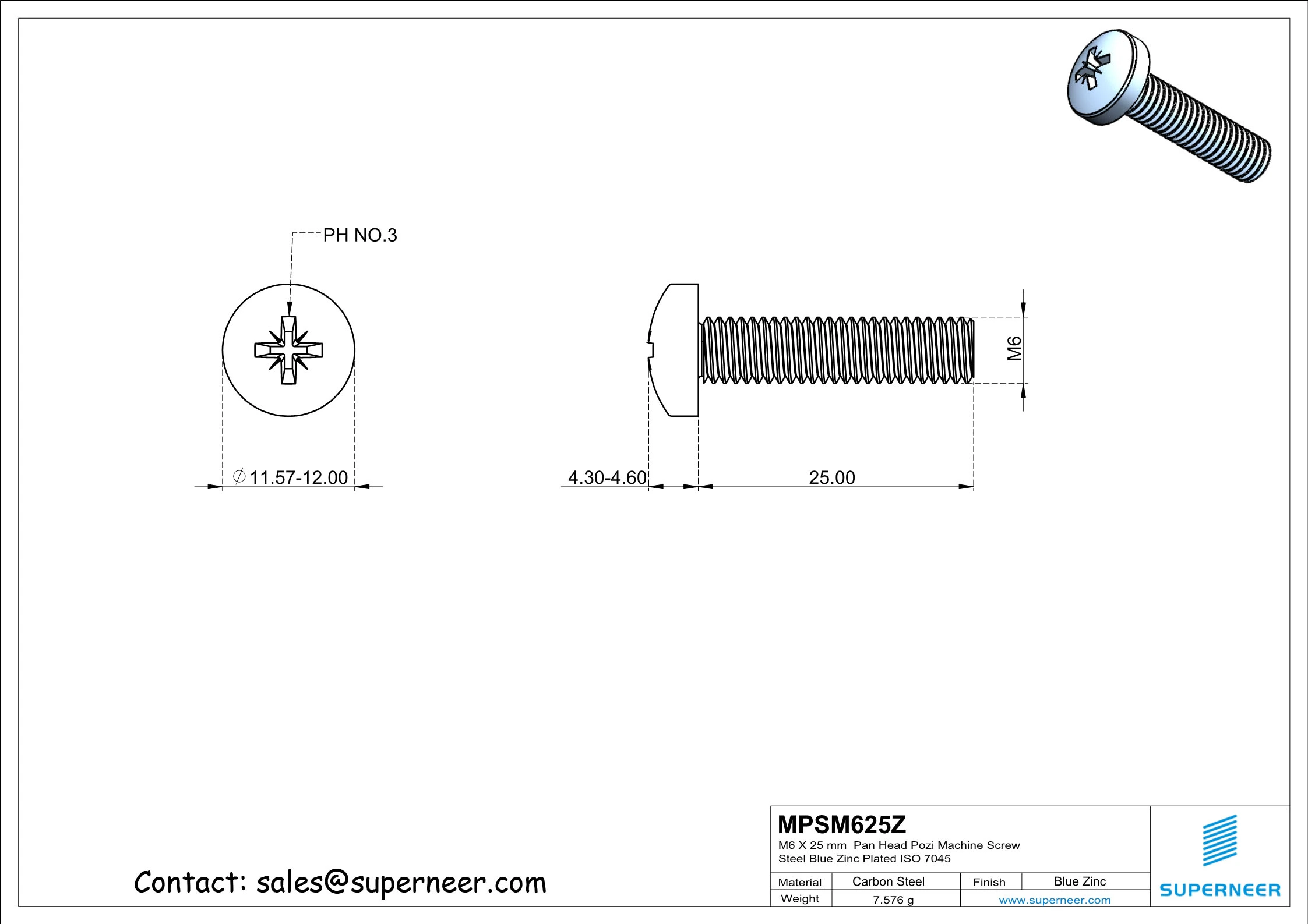 M6 x 25 mm Pan Head Pozi Machine Screw Steel Blue Zinc Plated ISO 7045