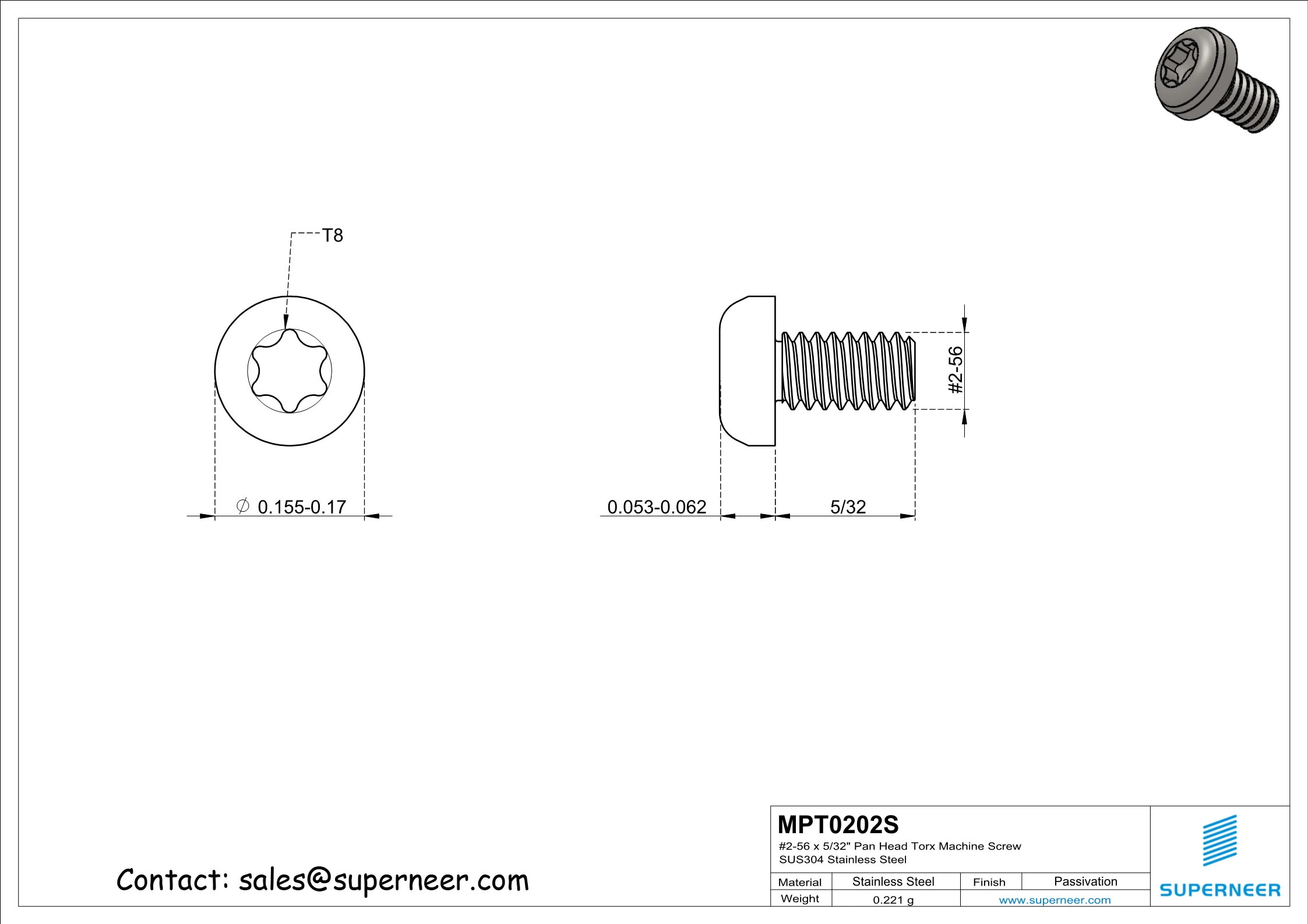2-56 x 5/32" Pan Head Torx Machine Screw SUS304 Stainless Steel Inox