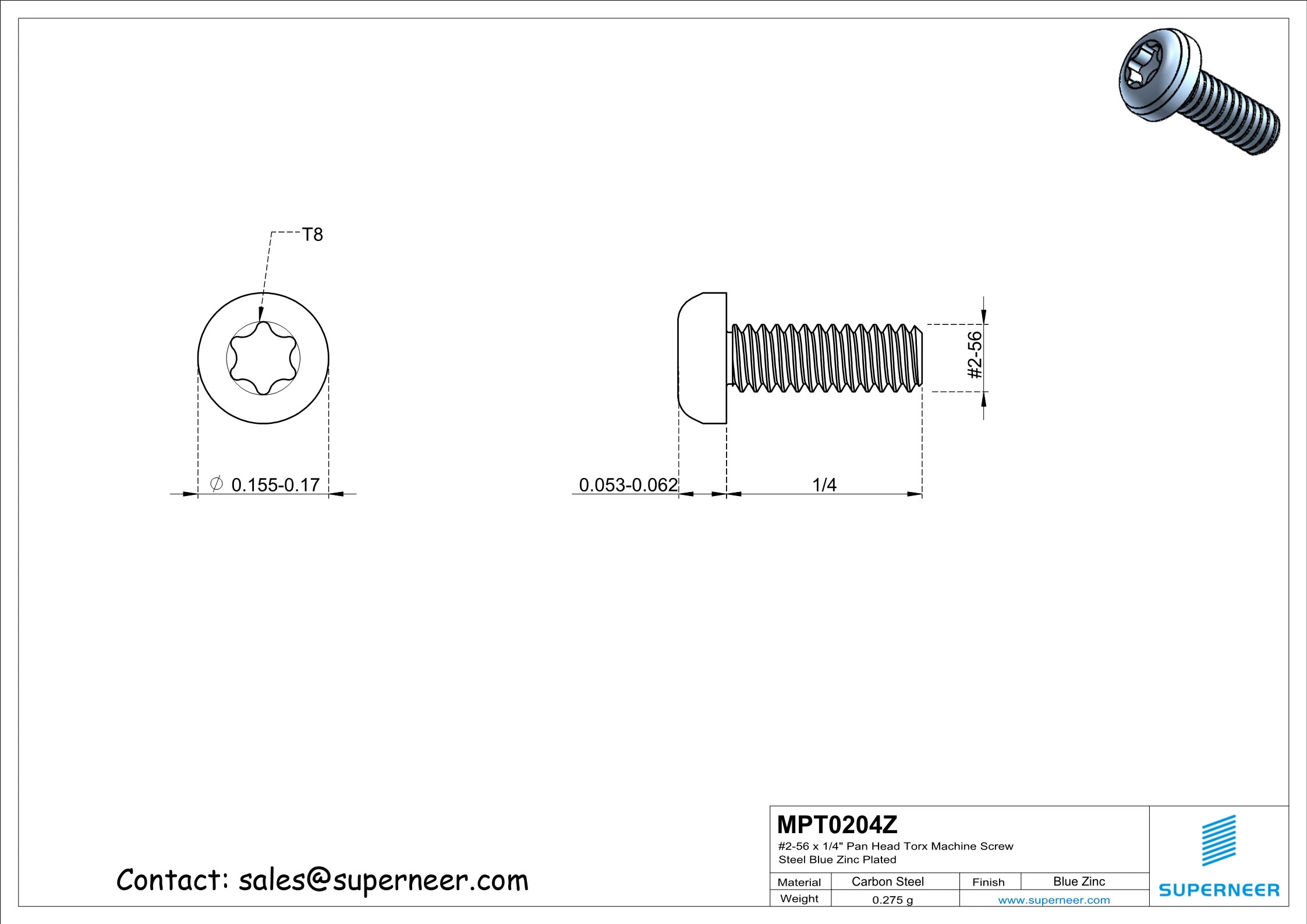 2-56 x 1/4" Pan Head Torx Machine Screw Steel Blue Zinc Plated