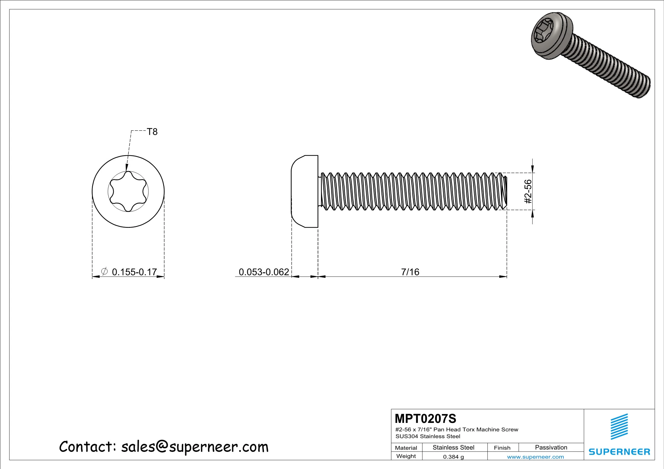 2-56 x 7/16" Pan Head Torx Machine Screw SUS304 Stainless Steel Inox