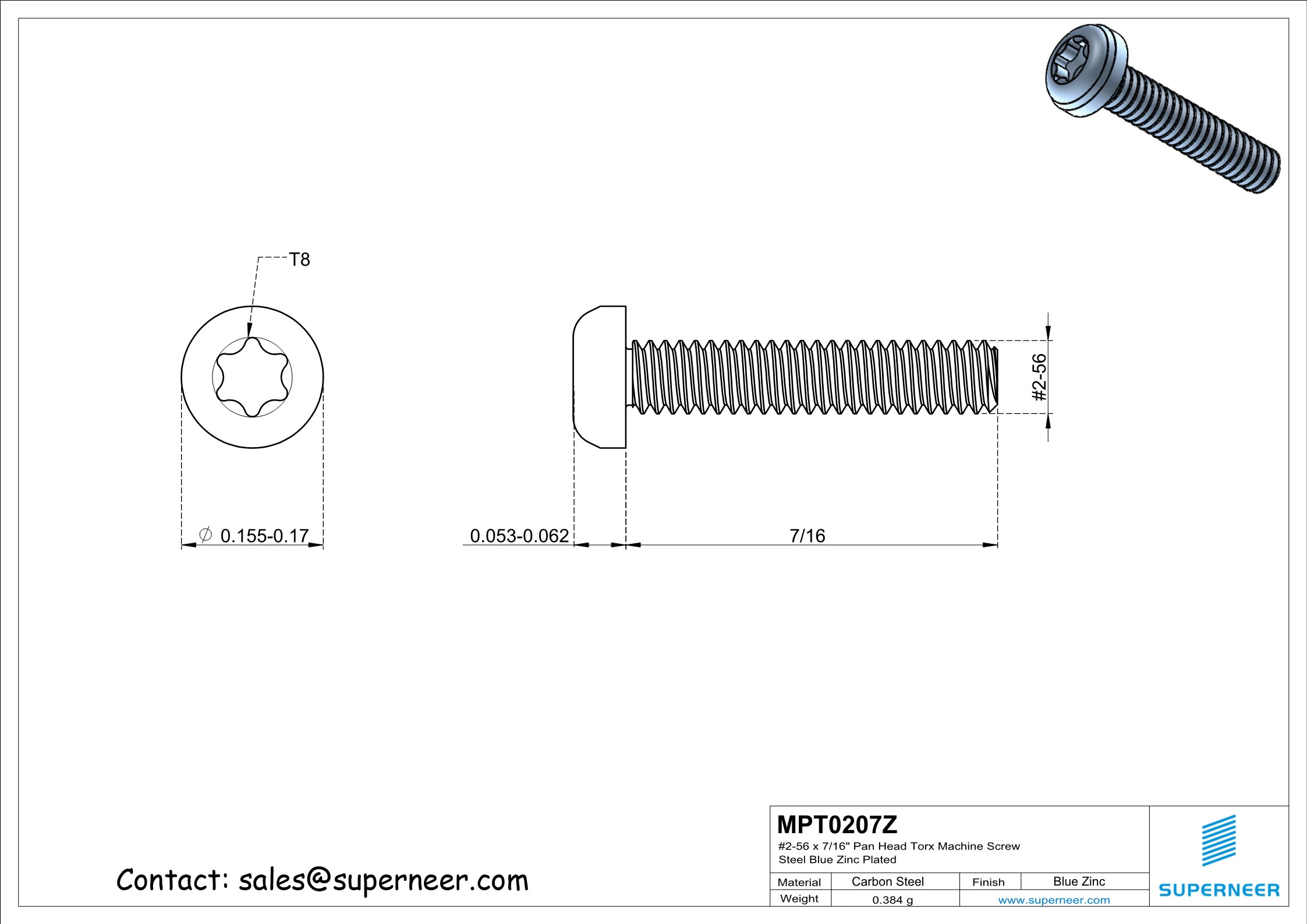 2-56 x 7/16" Pan Head Torx Machine Screw Steel Blue Zinc Plated