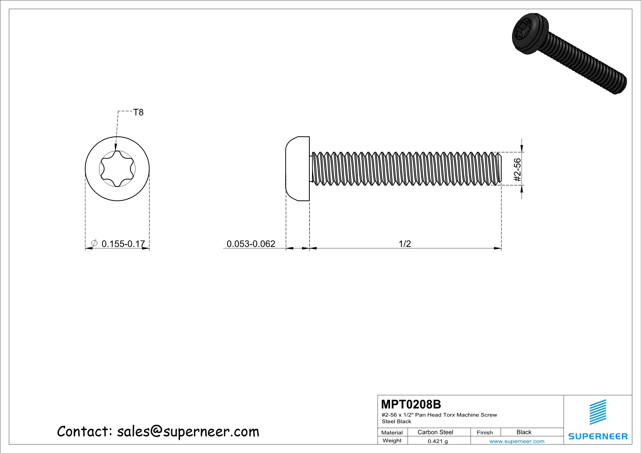 2-56 x 1/2" Pan Head Torx Machine Screw Steel Black