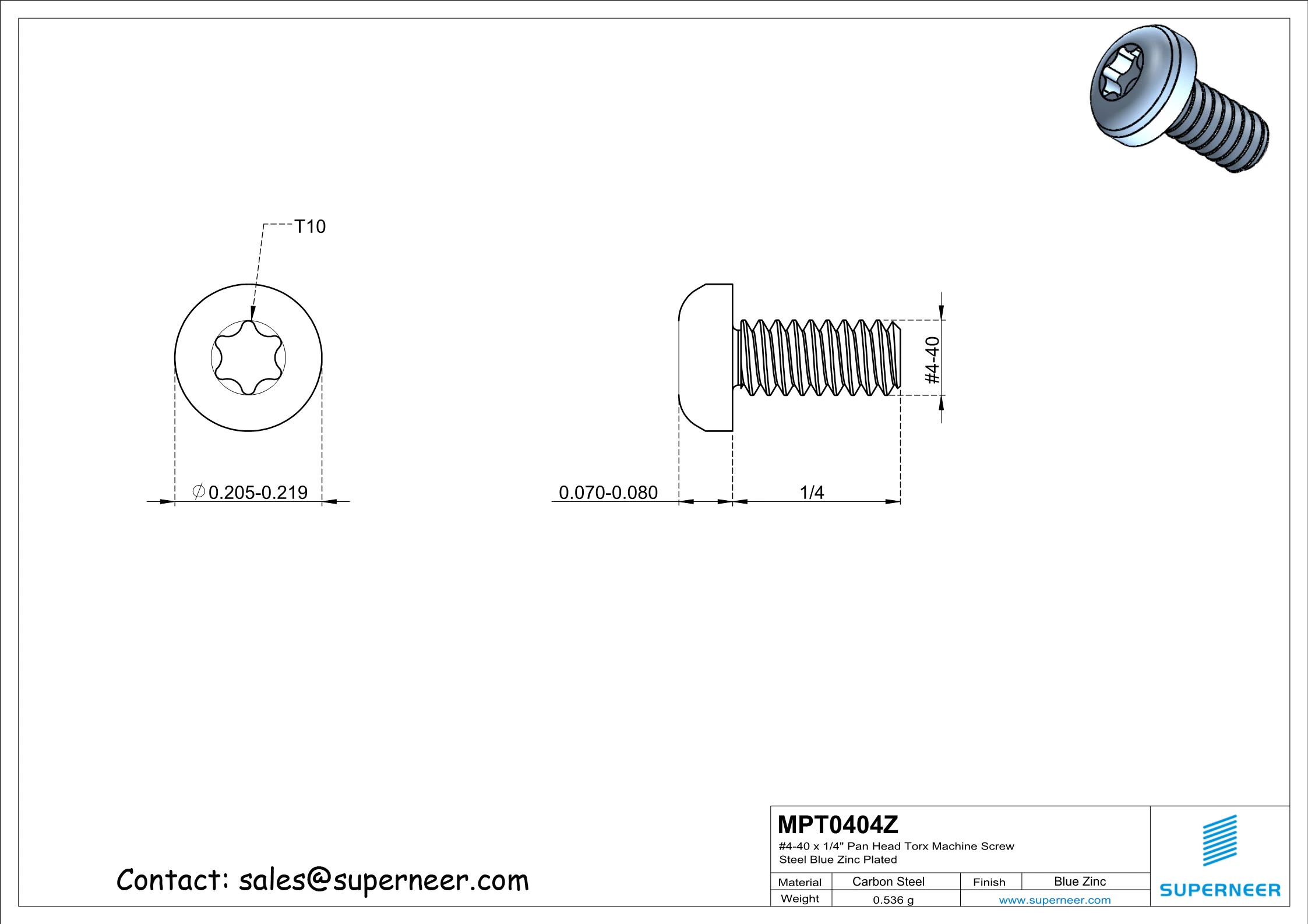 4-40 x 1/4" Pan Head Torx Machine Screw Steel Blue Zinc Plated