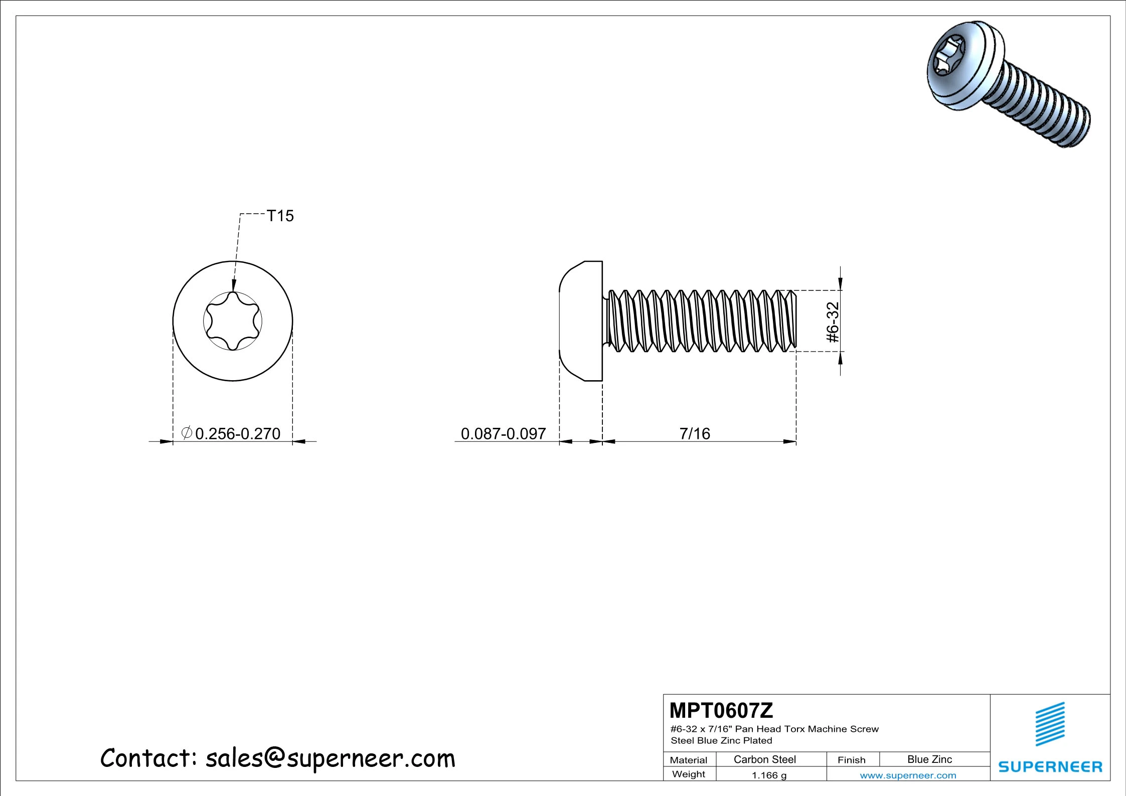 6-32 x 7/16" Pan Head Torx Machine Screw Steel Blue Zinc Plated