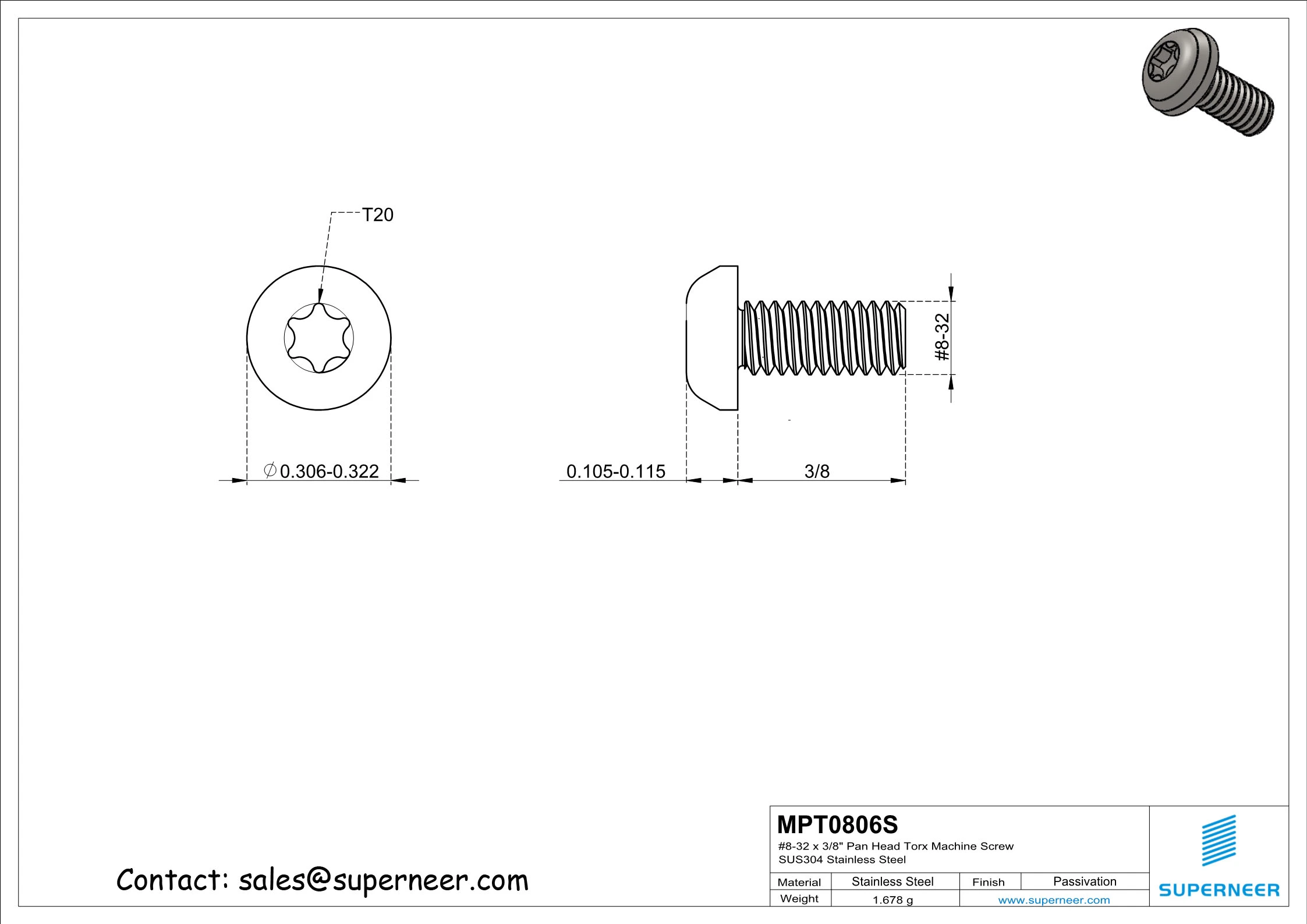 8-32 x 3/8" Pan Head Torx Machine Screw SUS304 Stainless Steel Inox