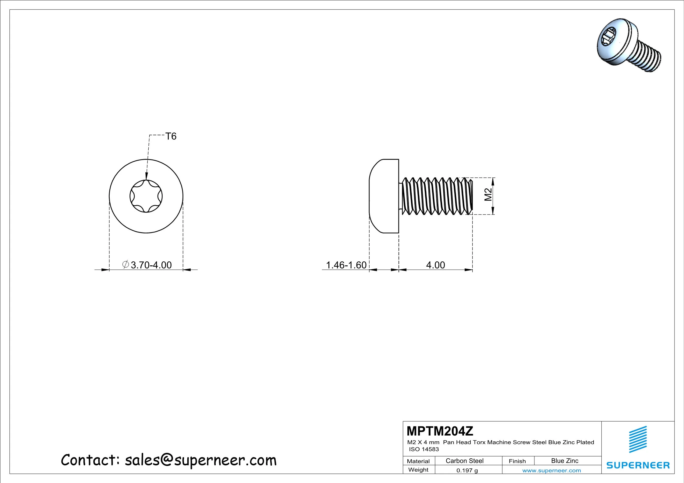 M2 x 4 mm Pan Head Torx Machine Screw Steel Blue Zinc Plated ISO 14583