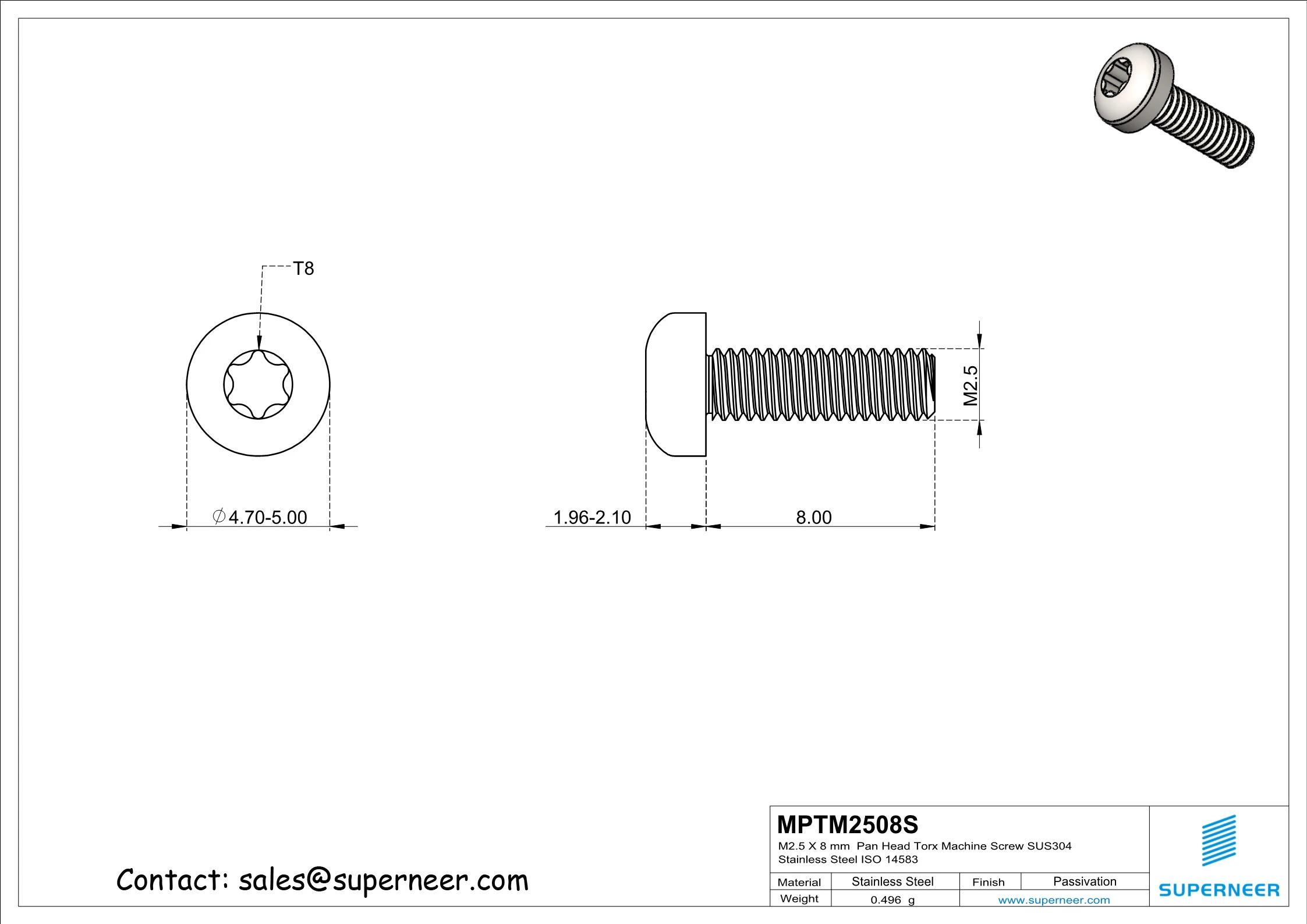 M2.5 x 8 mm  Pan Head Torx Machine Screw SUS304 Stainless Steel Inox ISO 14583