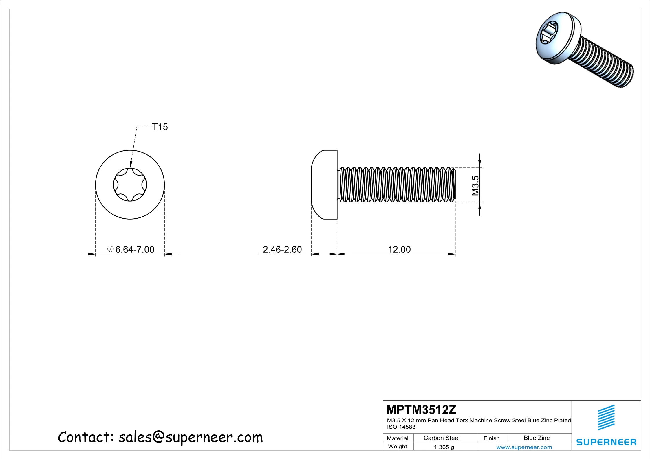 M3.5 x 12 mm Pan Head Torx Machine Screw Steel Blue Zinc Plated ISO 14583