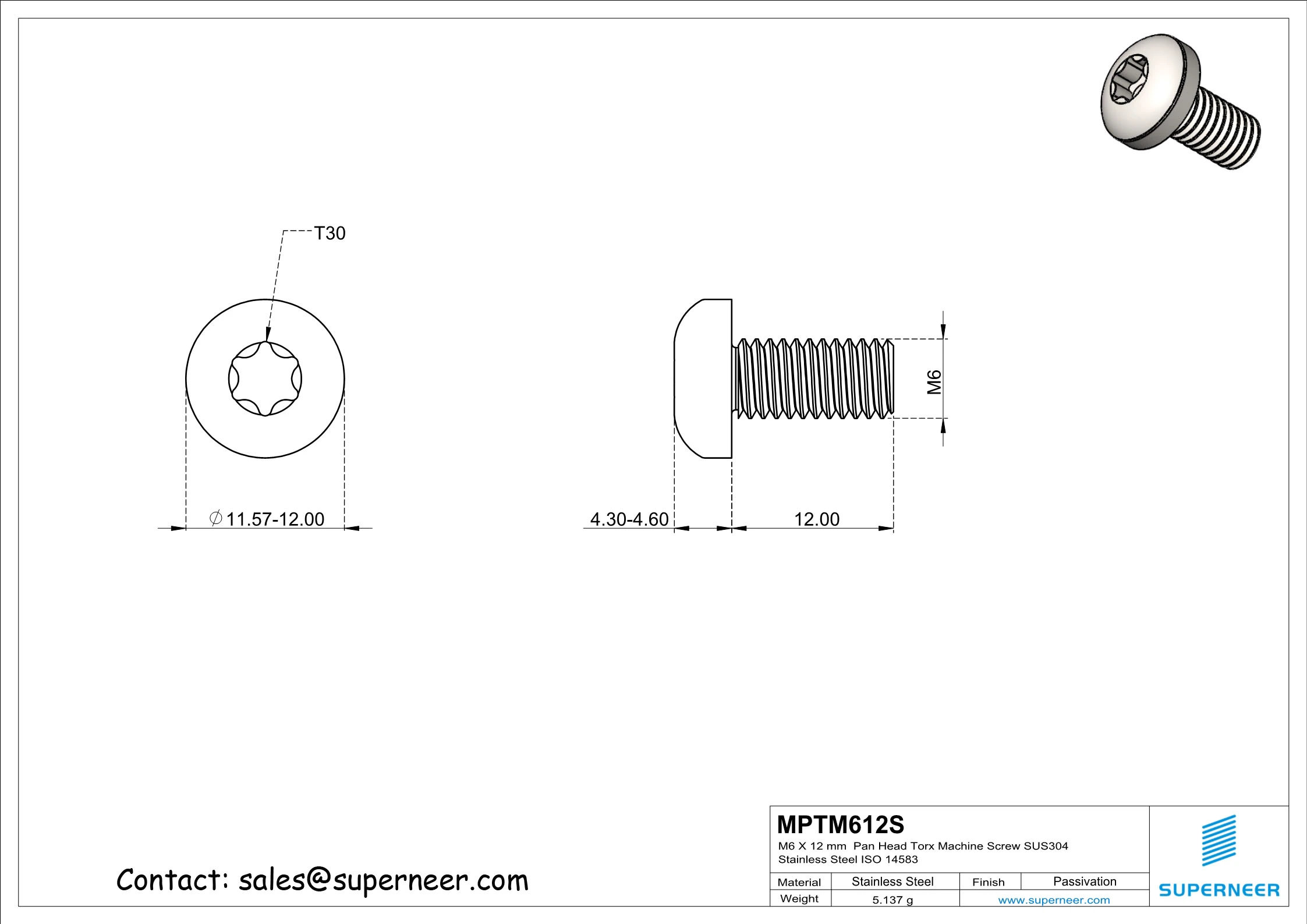 M6 x 12 mm  Pan Head Torx Machine Screw SUS304 Stainless Steel Inox ISO 14583