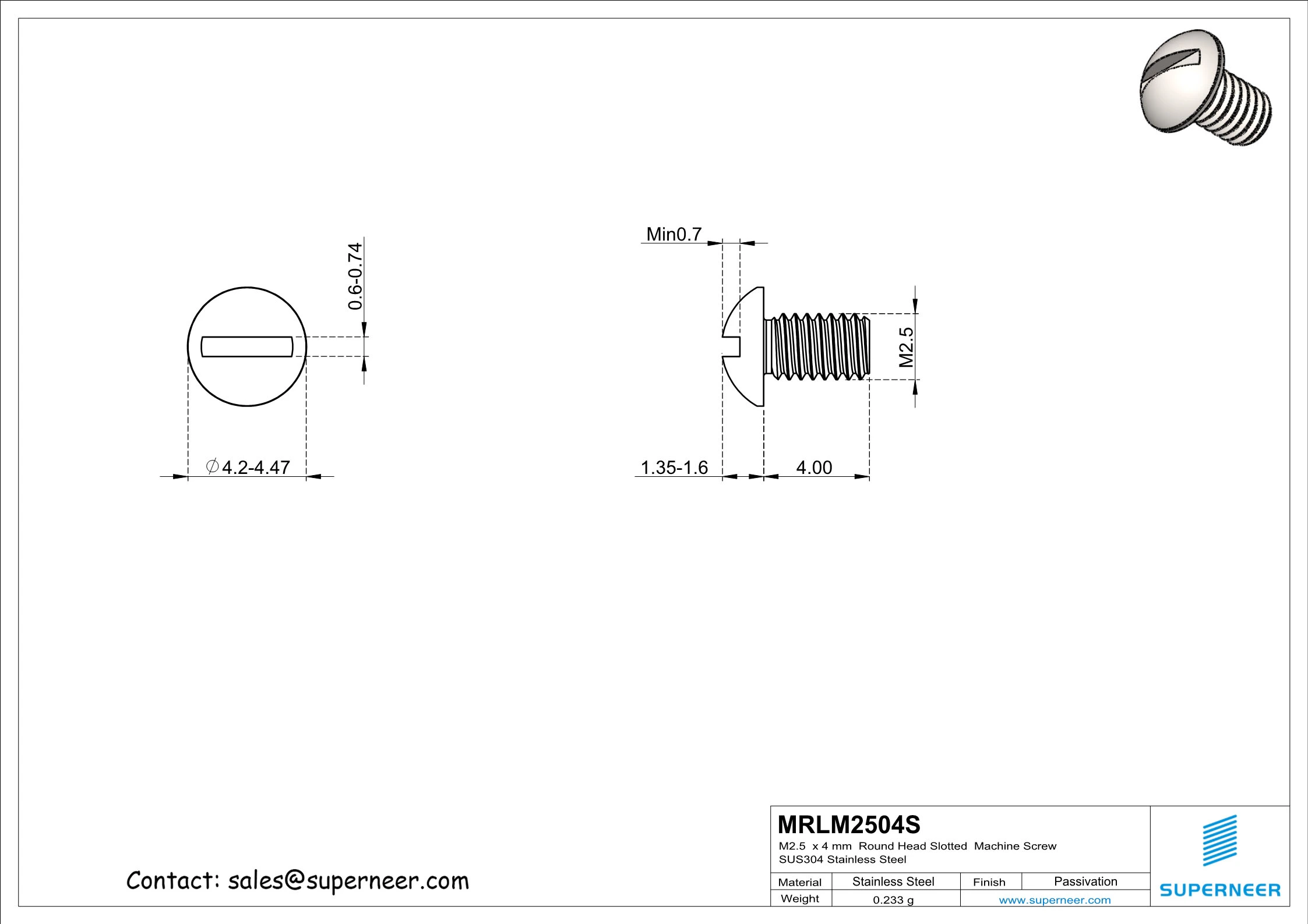 M2.5 x 4 mm  Round Head Slotted  Machine Screw SUS304 Stainless Steel Inox