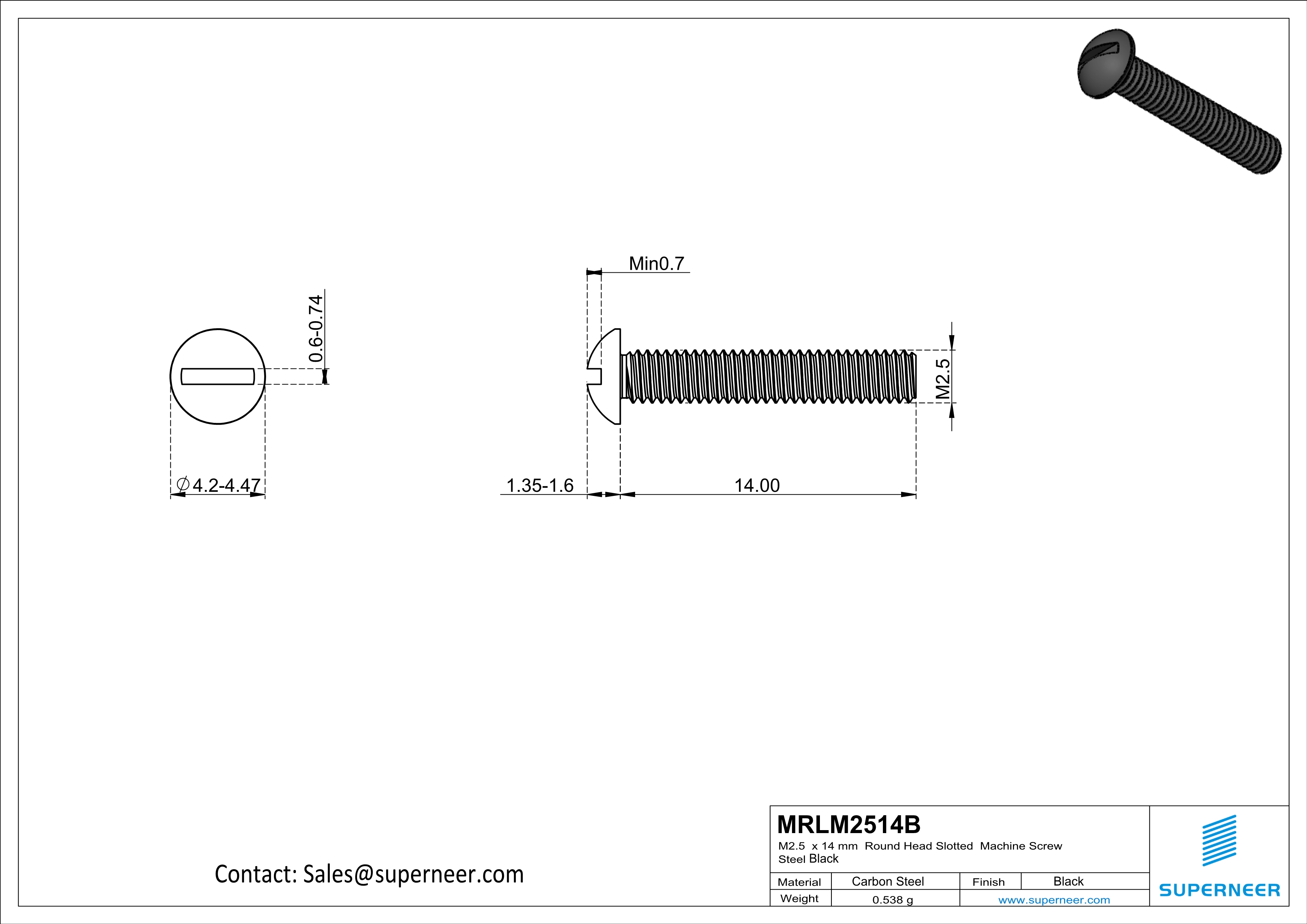 M2.5 x 14mm Round Head Slotted Machine Screw Steel Black