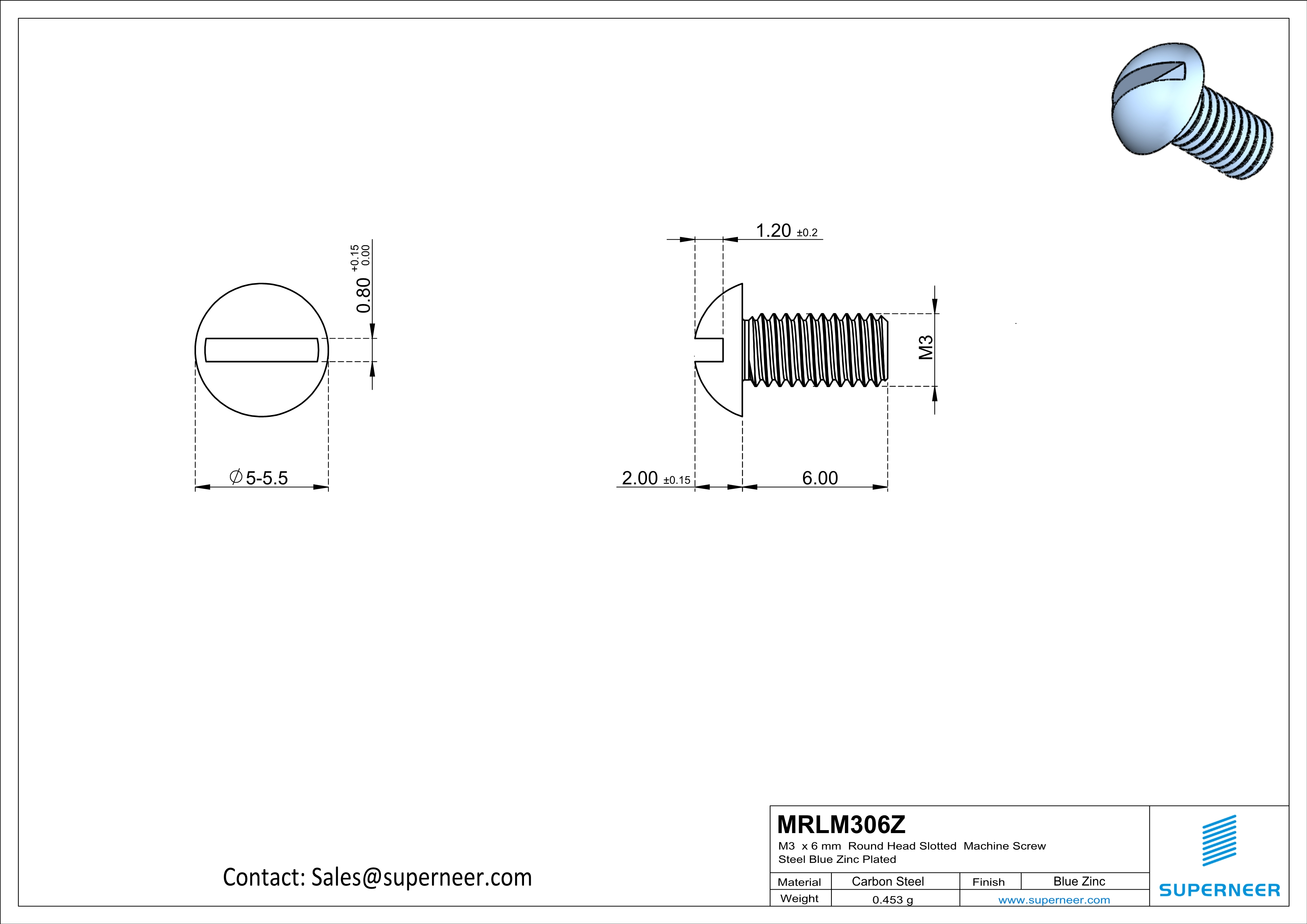 M3 x 6 mm Round Head Slotted Machine Screw Steel Blue Zinc Plated