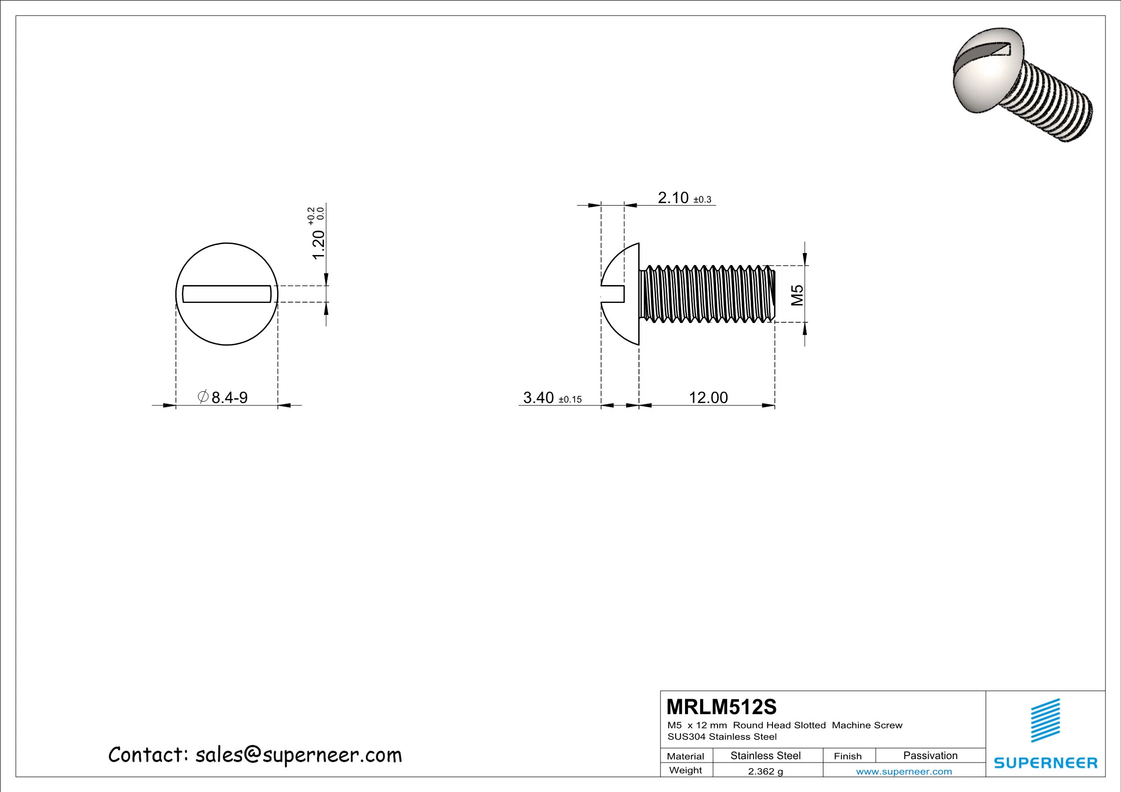 M5 x 12mm  Round Head Slotted  Machine Screw SUS304 Stainless Steel Inox