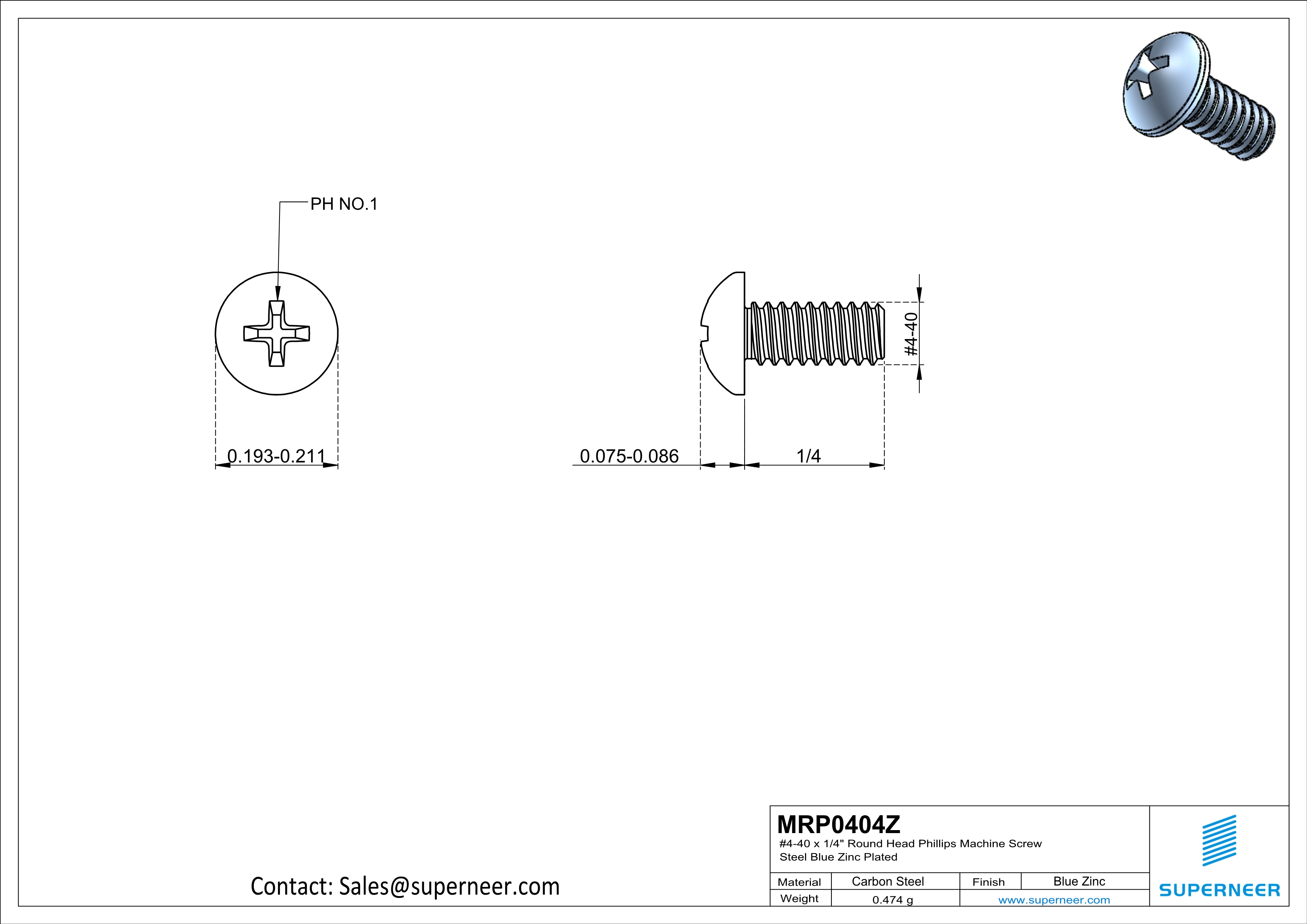 4-40 x 1/4" Round Head Phillips Machine Screw Steel Blue Zinc Plated