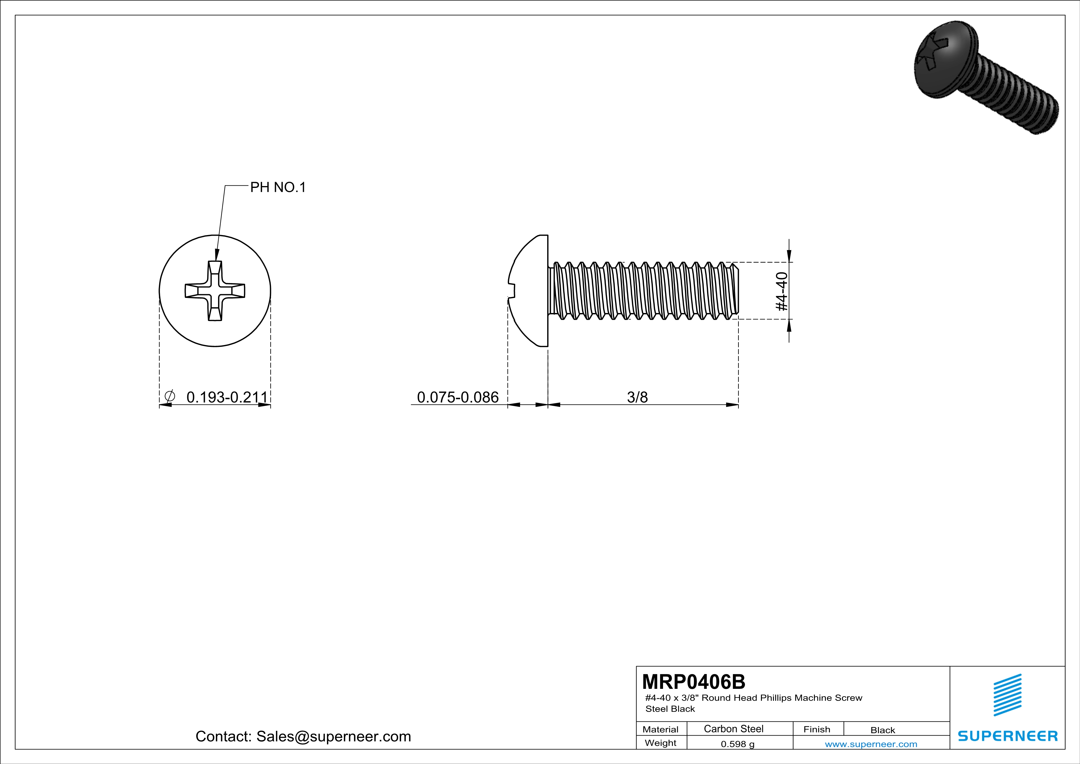 4-40 x 3/8" Round Head Phillips Machine Screw Steel Black