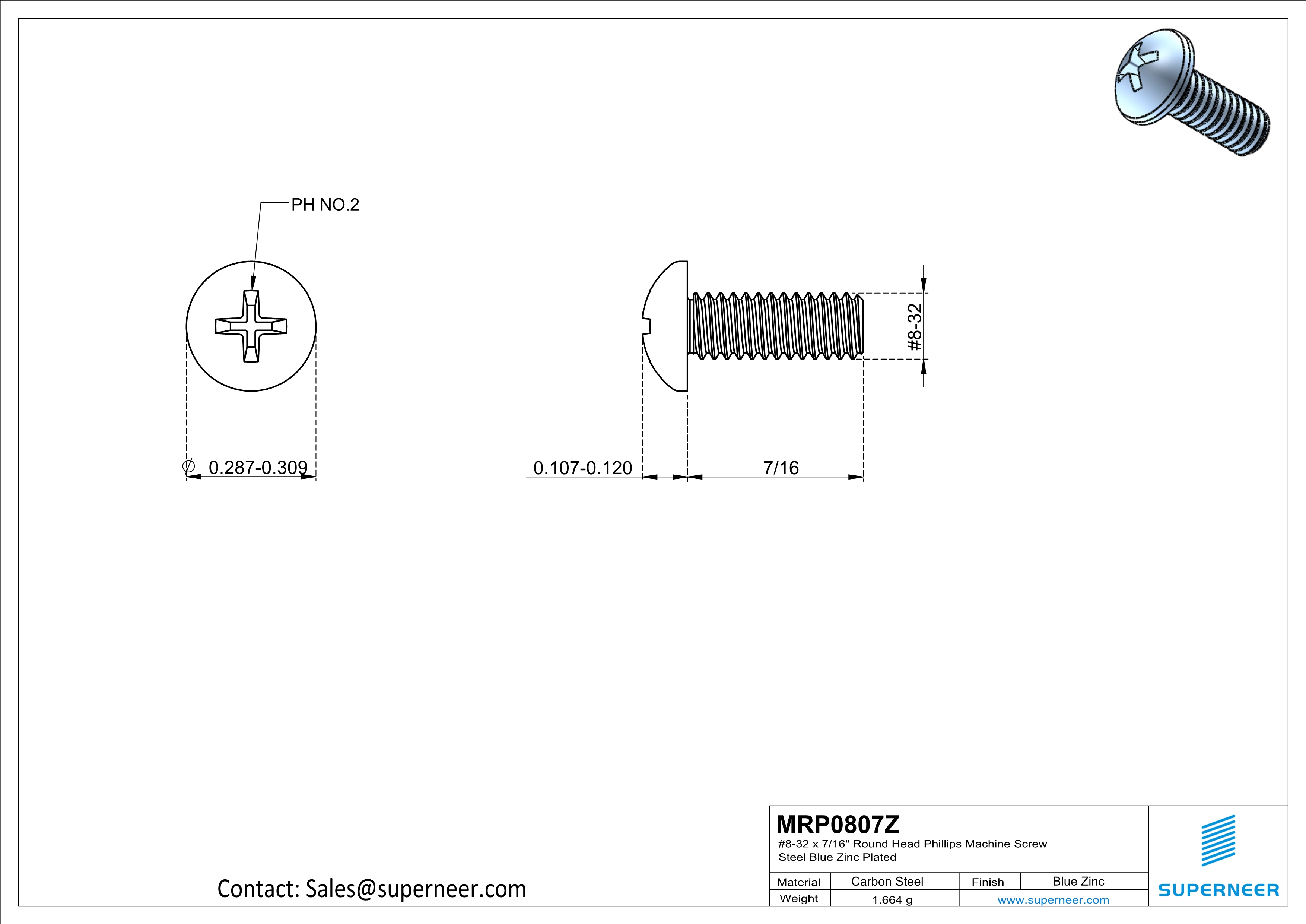 8-32 x 7/16" Round Head Phillips Machine Screw Steel Blue Zinc Plated