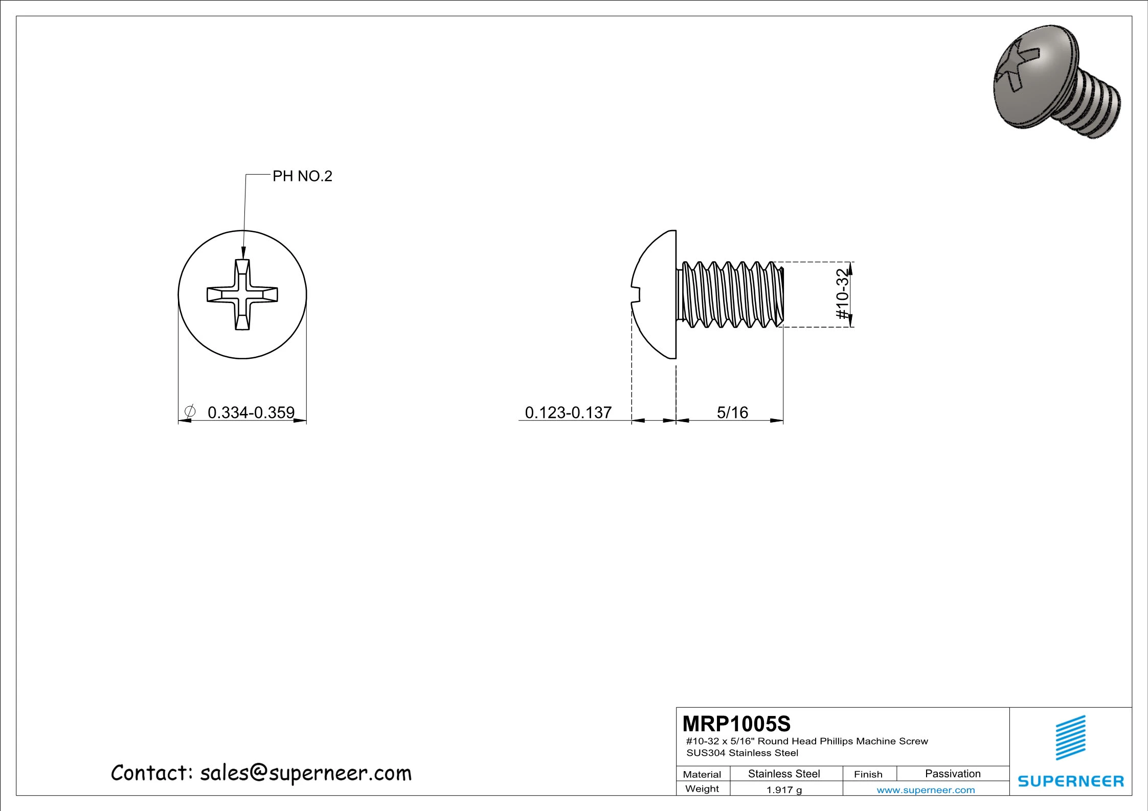 10-32 x 5/16" Round Head Phillips Machine Screw SUS304 Stainless Steel Inox