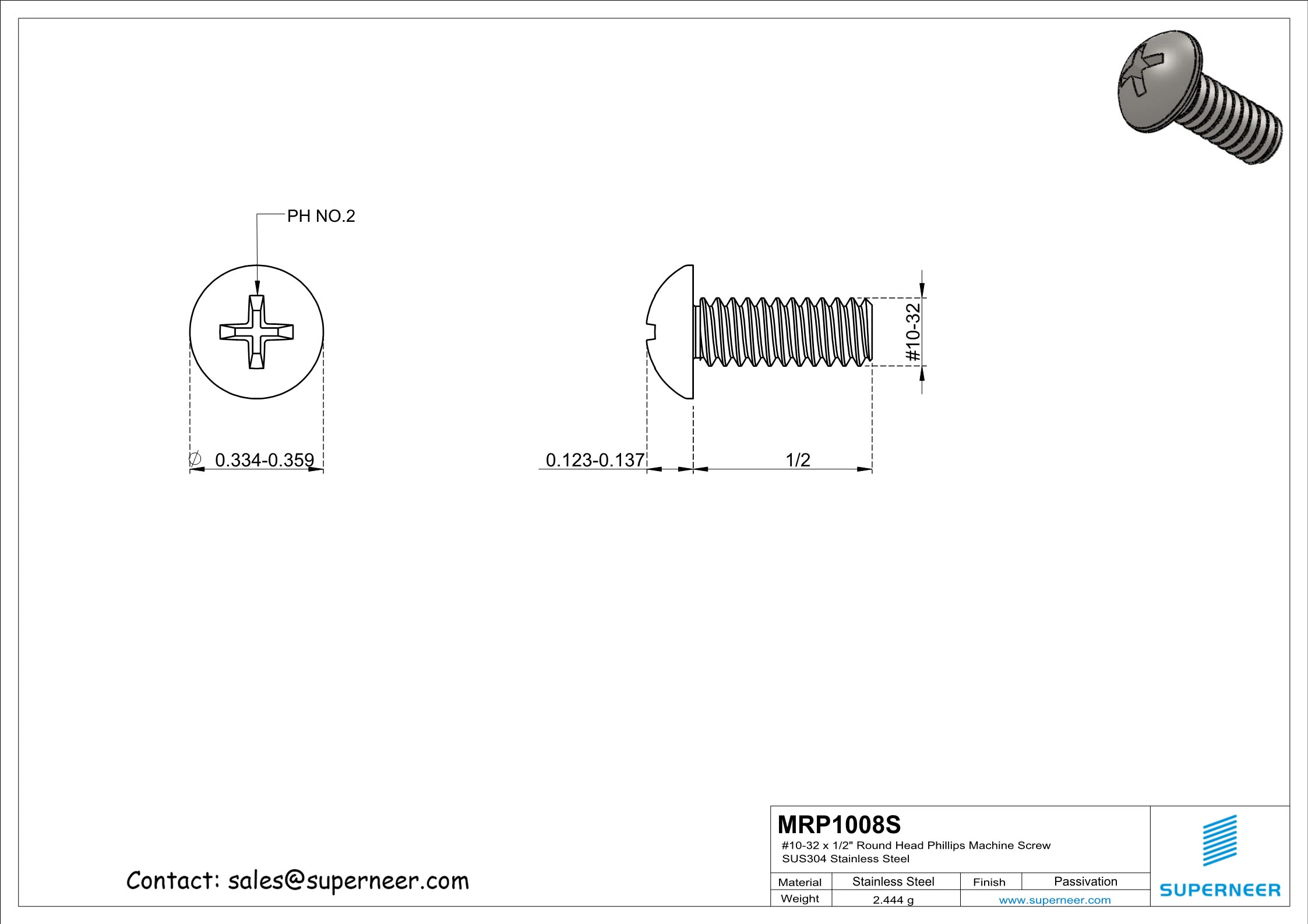 10-32 x 1/2" Round Head Phillips Machine Screw SUS304 Stainless Steel Inox